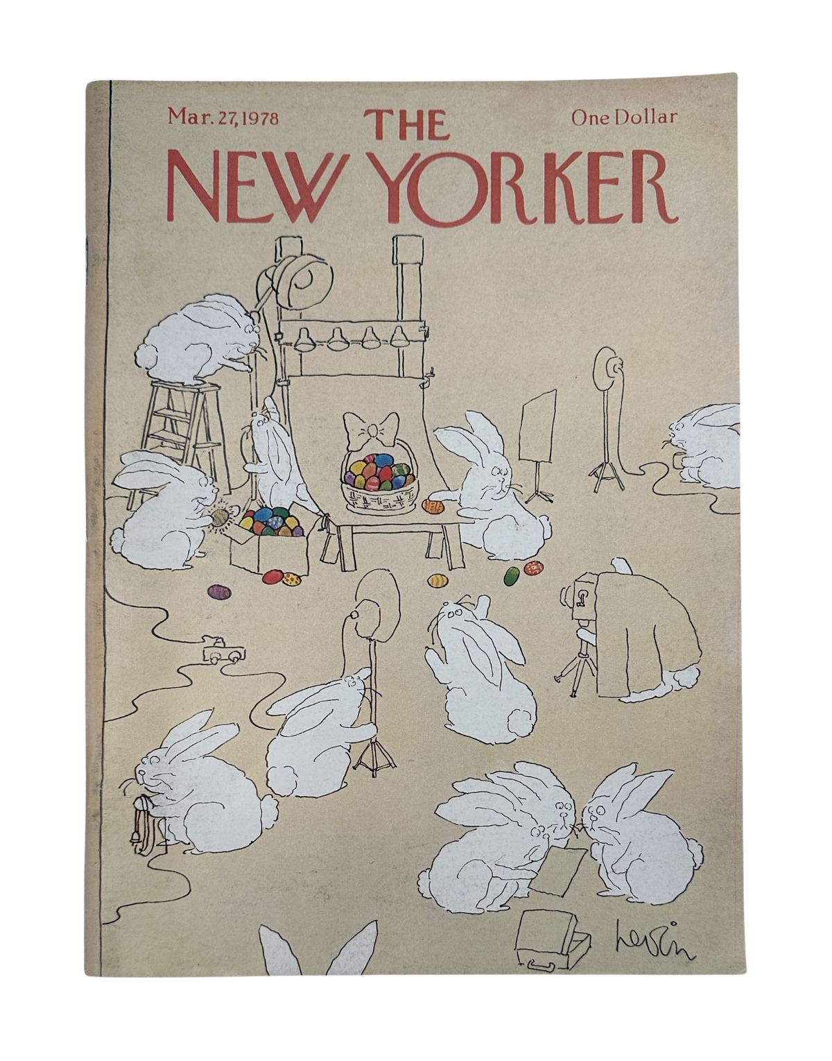 The New Yorker Magazine March 27, 1978 Easter Bunnies Photo Studio Arnie Levin Cover featuring illustrated rabbits, a photography studio set, and colorful Easter eggs.