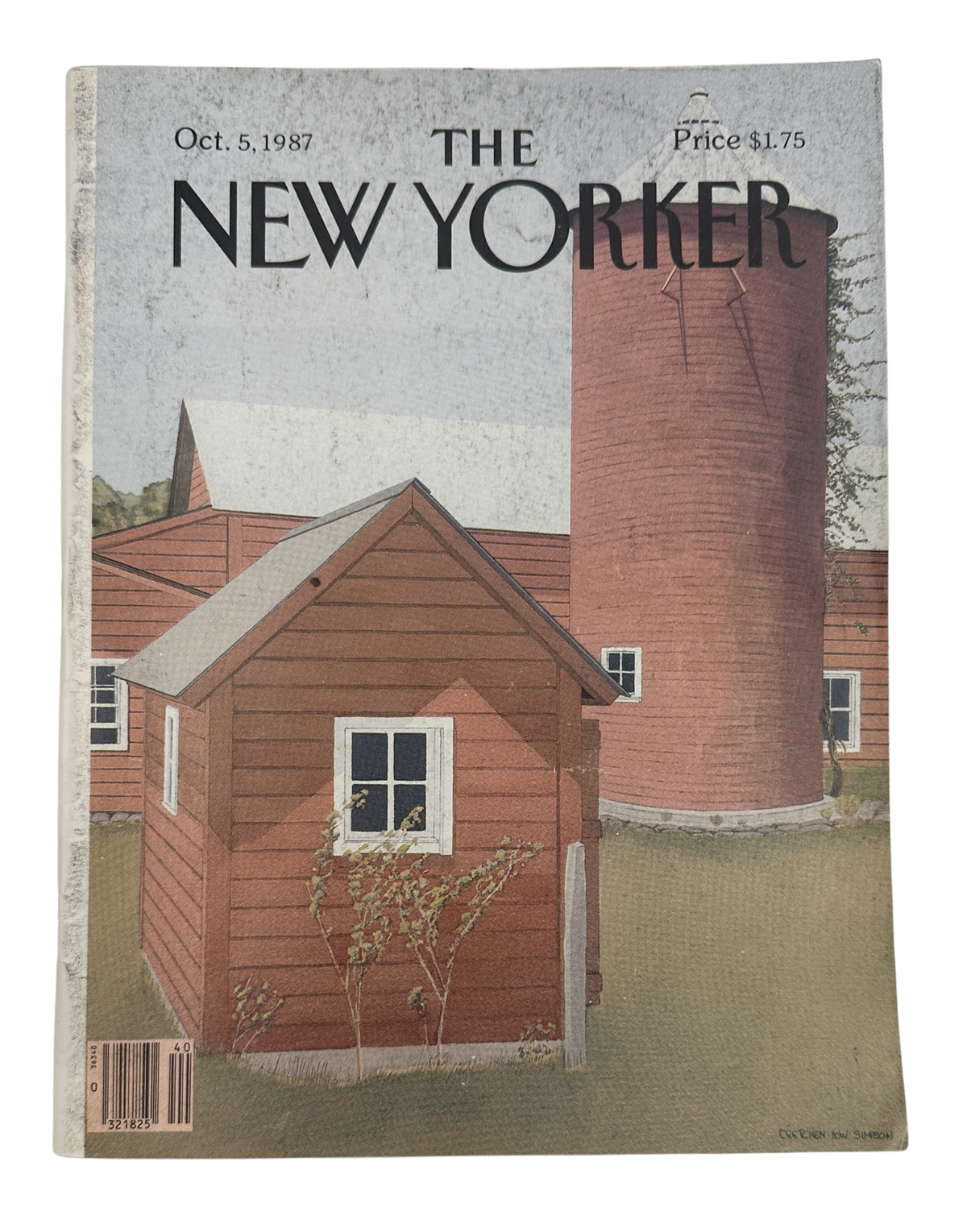 The New Yorker Magazine October 5, 1987 Farm Silo Barn Gretchen Dow Simpson Cover VG, featuring a red barn and tall grain silo illustration on the vintage magazine cover.
