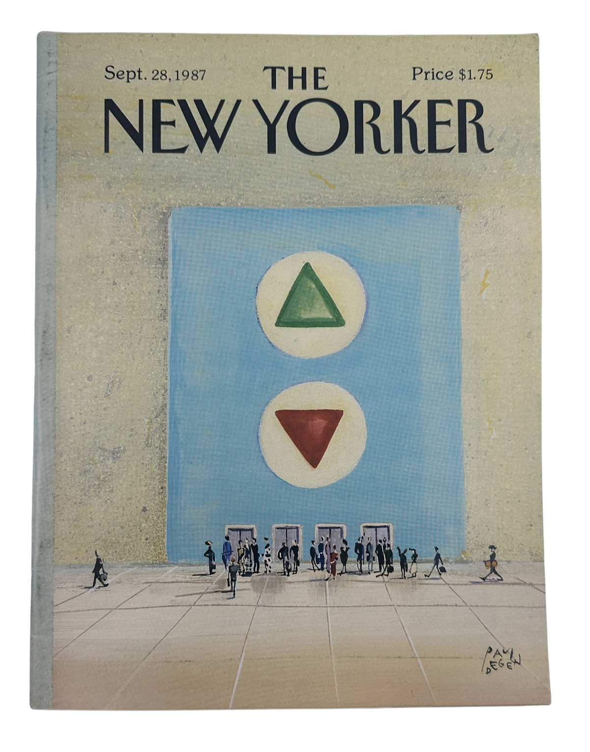 The New Yorker Magazine September 28, 1987 Elevator Buttons Paul Degen Cover VG, featuring illustrated green and red elevator buttons with people waiting below
