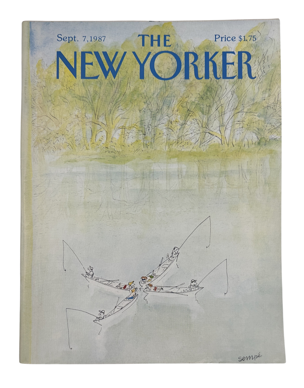 The New Yorker Magazine September 7, 1987 Fishing Canoes Lake J. J. Sempé Cover VG, featuring an illustrated lake scene with fishing canoes and trees.
