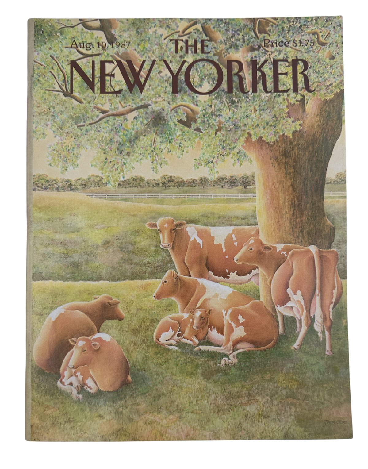 The New Yorker Magazine August 10, 1987 Cows Oak Tree Jenni Oliver Cover VG, featuring cows resting beneath a large oak tree in a pastoral landscape.