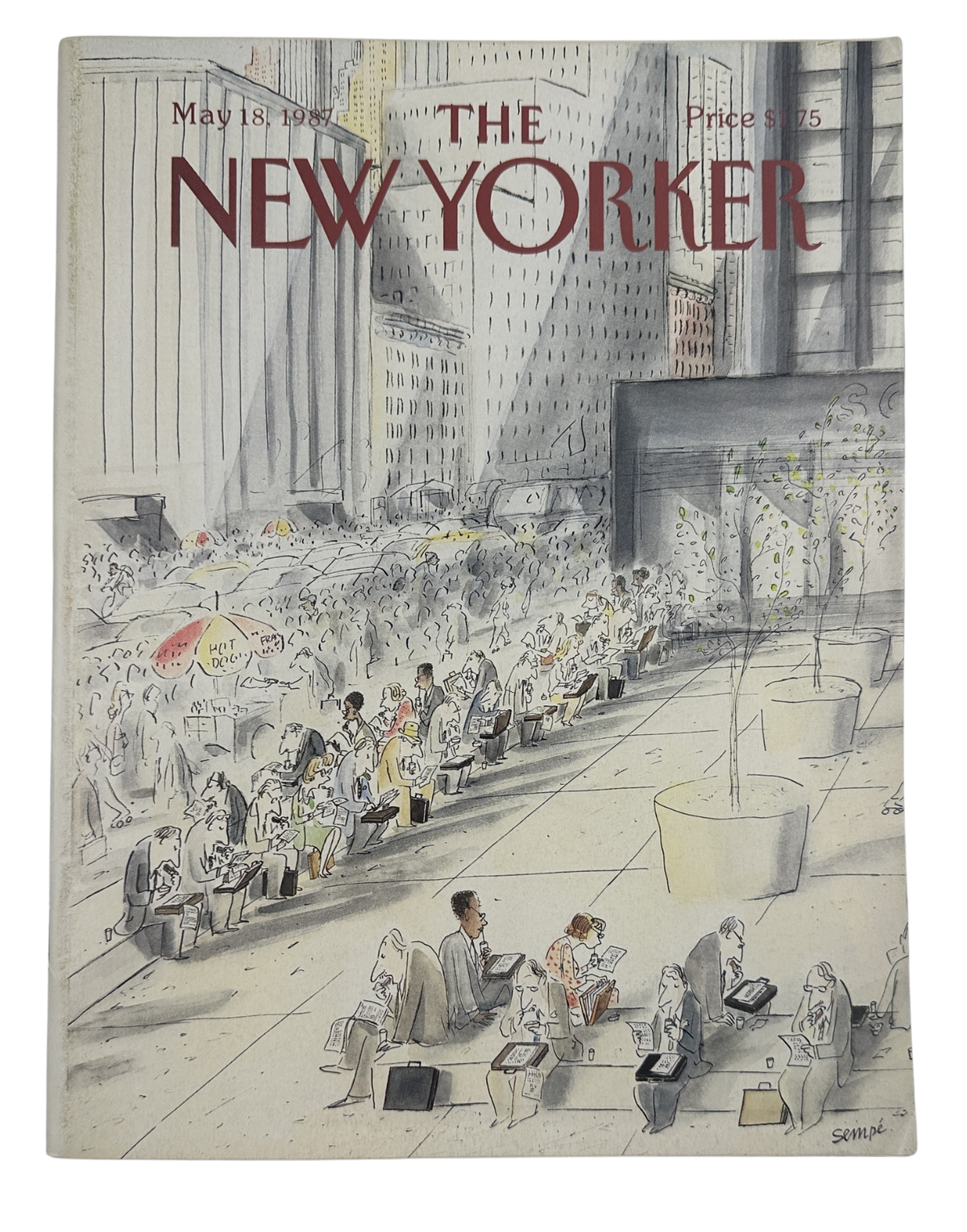 The New Yorker Magazine May 18, 1987 City Sidewalk J. J. Sempé Cover VG, featuring the illustrated city sidewalk cover with seated pedestrians, skyscrapers, and planters.
