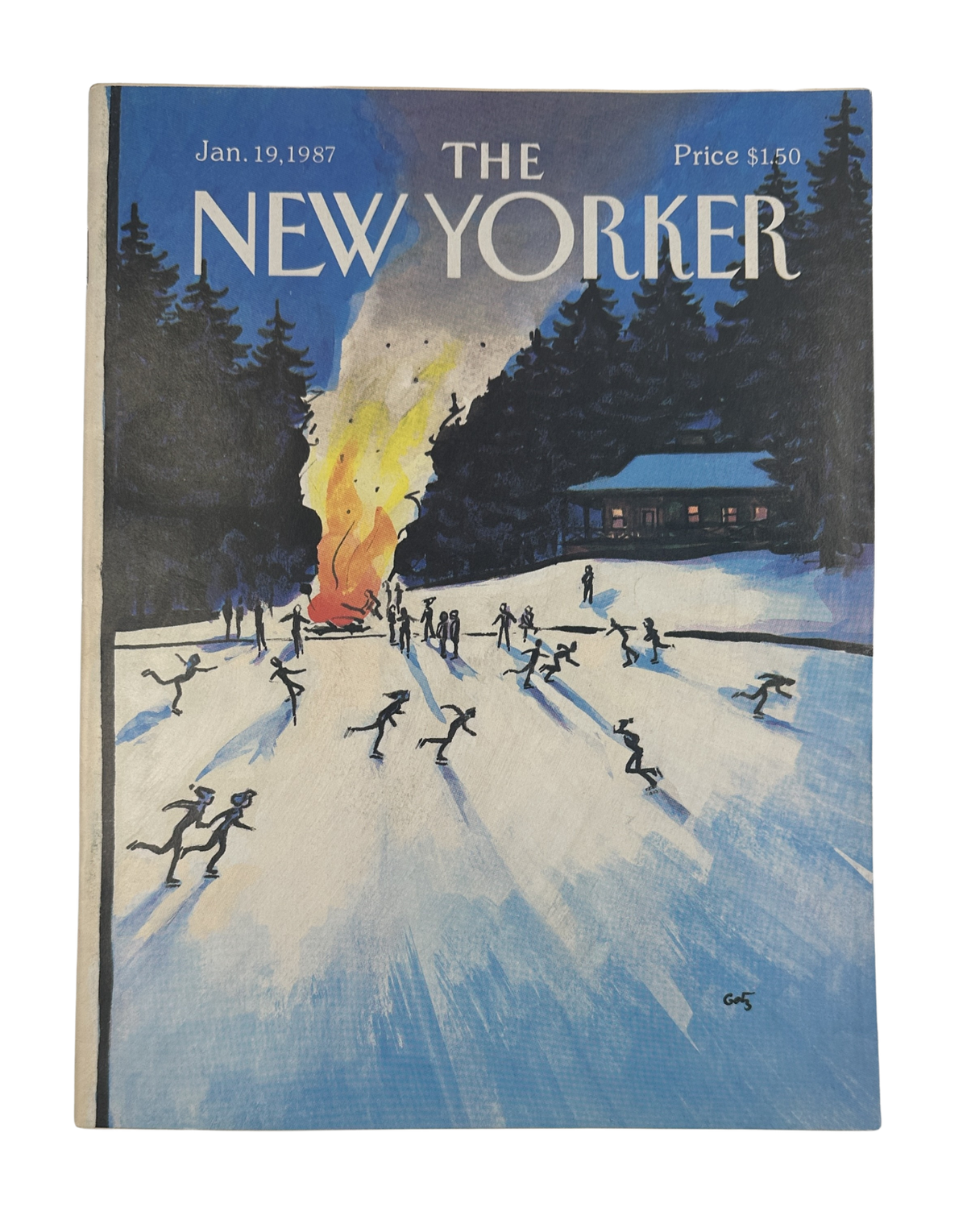 The New Yorker Magazine January 19, 1987 Snowy Skating Bonfire Arthur Getz Cover VG, featuring ice skaters on a snowy landscape around a bonfire and woodland cabin.