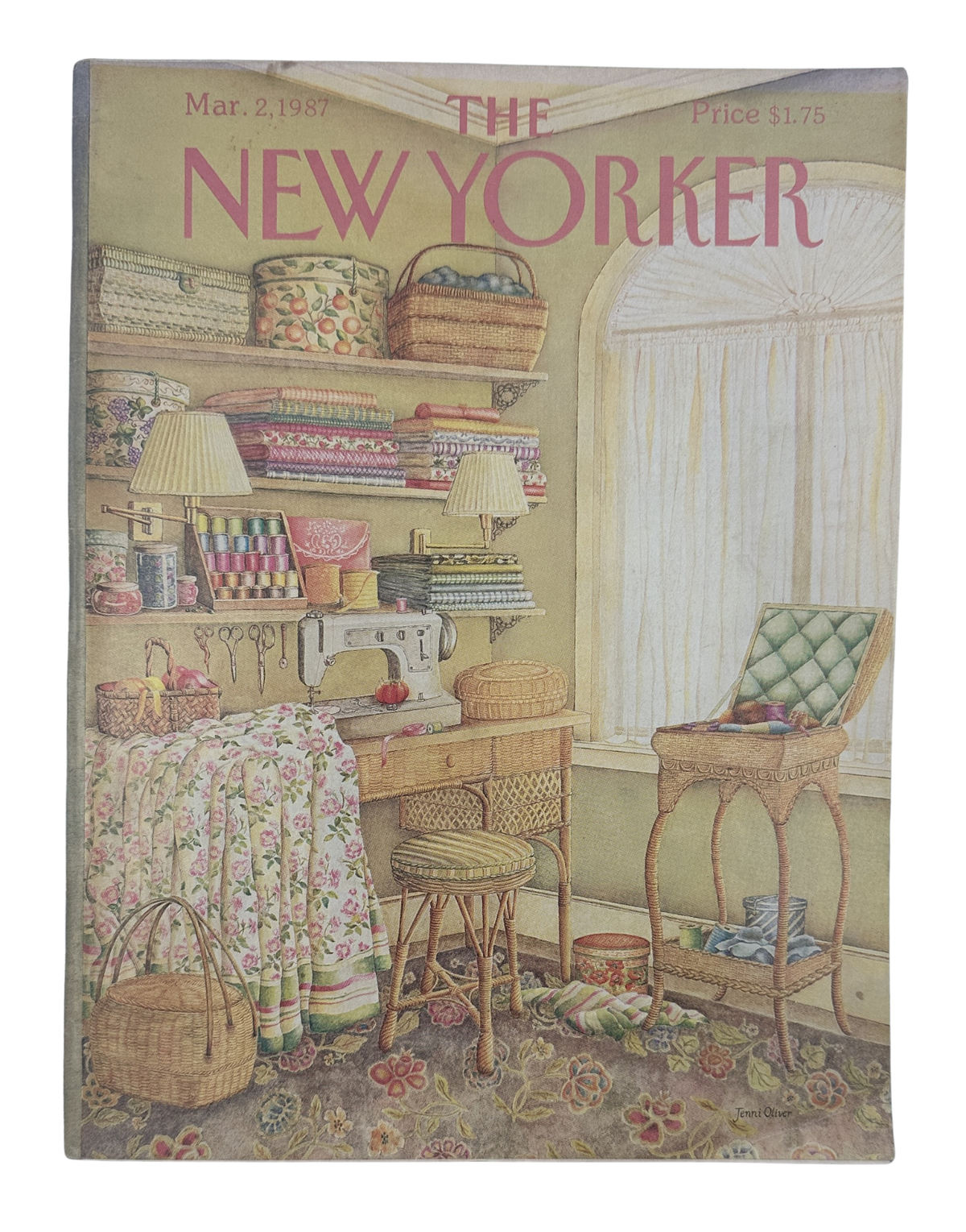 The New Yorker Magazine March 2, 1987 Sewing Room Jenni Oliver Cover VG, illustrated vintage sewing room cover with fabric, sewing machine, wicker baskets, chair, and floral quilt.