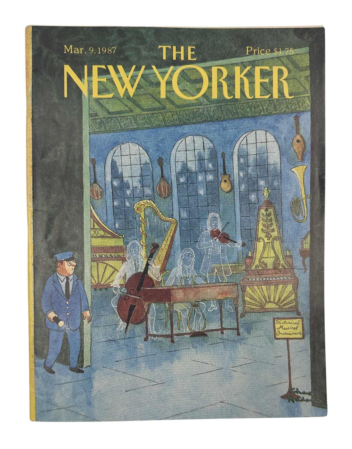 The New Yorker Magazine March 9, 1987 Ghost Instruments Museum Charles Addams Cover VG, featuring the illustrated front cover with musical instruments displayed in a museum and a suited figure.