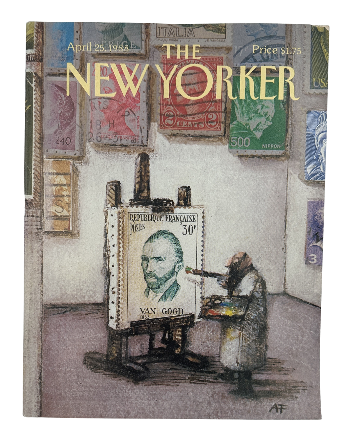 The New Yorker Magazine April 25, 1988 Van Gogh Stamp André François Cover VG, featuring an illustrated artist painting a French Van Gogh postage stamp surrounded by vintage stamps.