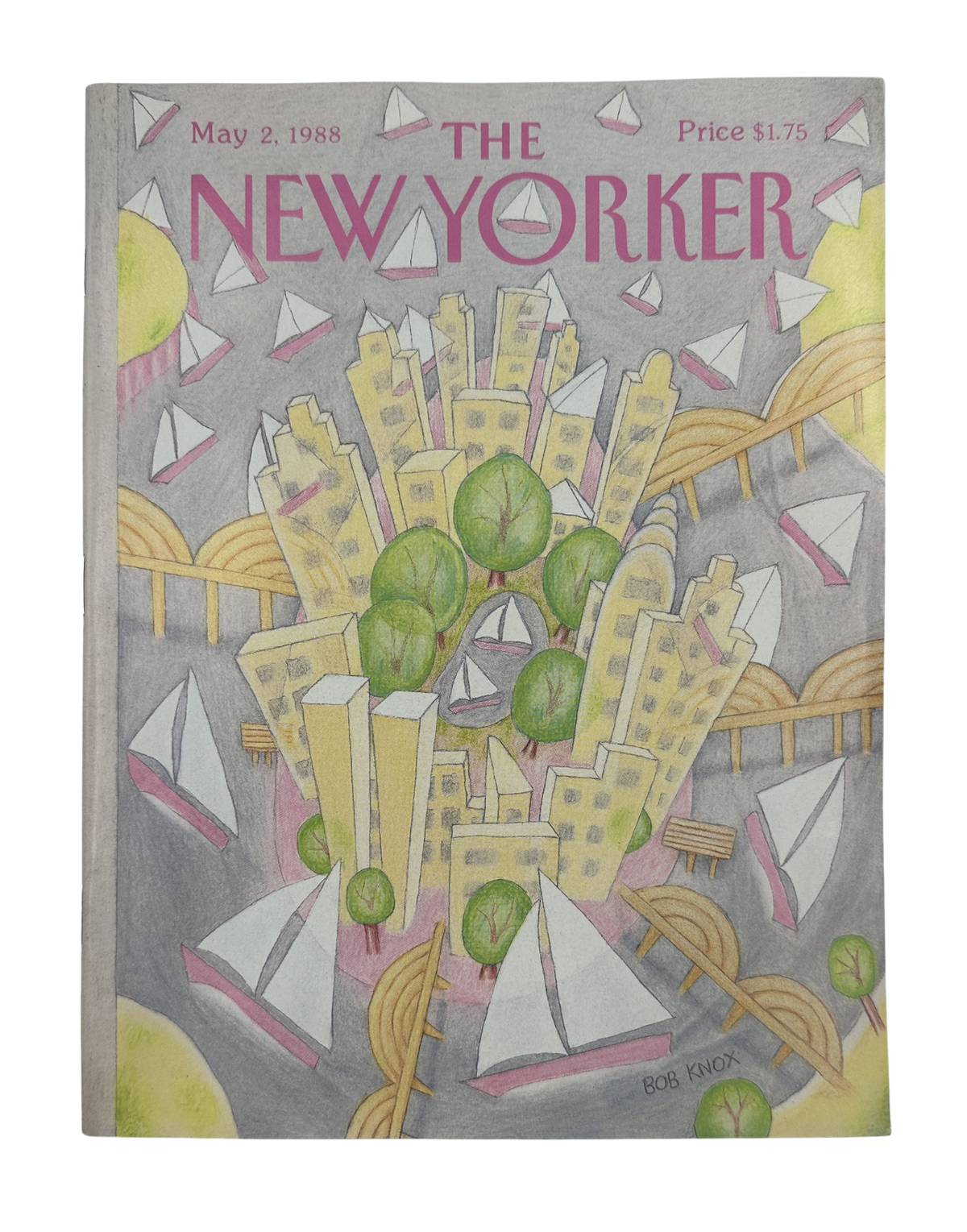 The New Yorker Magazine May 2, 1988 Paper Sailboats City Bob Knox Cover VG, featuring illustrated paper sailboats, New York City buildings, bridges, and trees.