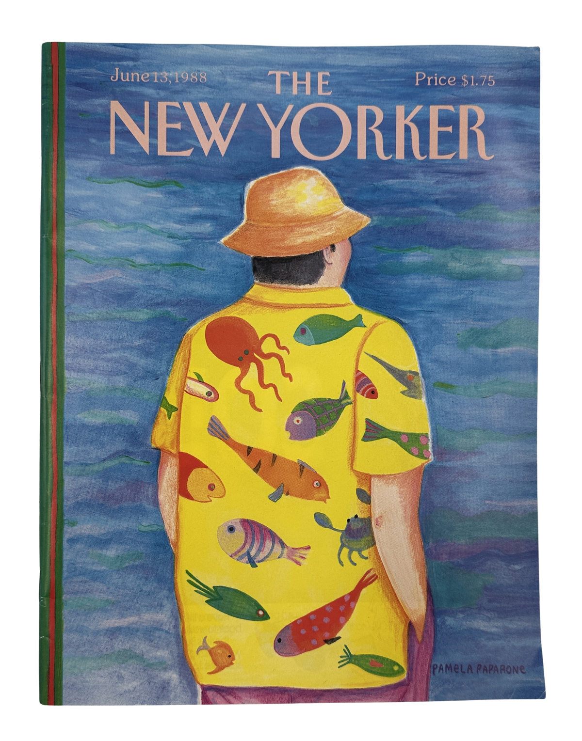 The New Yorker Magazine June 13, 1988 Yellow Fish Shirt Pamela Paparone Cover VG, front cover featuring an illustrated person in a yellow fish-print shirt and hat by Pamela Paparone