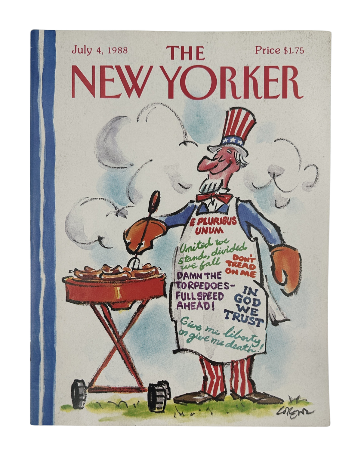 The New Yorker Magazine July 4, 1988 Uncle Sam BBQ Lee Lorenz Cover VG, featuring a vintage Uncle Sam illustration playing a violin beside a barbecue grill on the front cover.