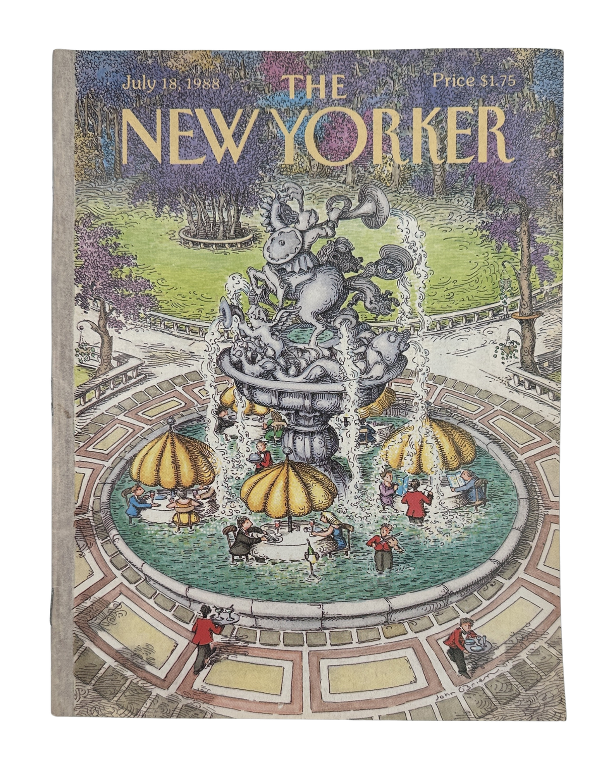 The New Yorker Magazine July 18, 1988 Fountain Dining Park John O’Brien Cover VG, front cover featuring an illustrated fountain in a formal garden with people dining around the pool.