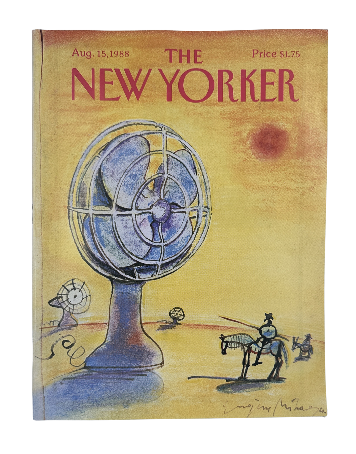 The New Yorker Magazine August 15, 1988 Desert Fan Heat Eugène Mihaesco Cover VG, featuring a vintage electric fan in a desert landscape