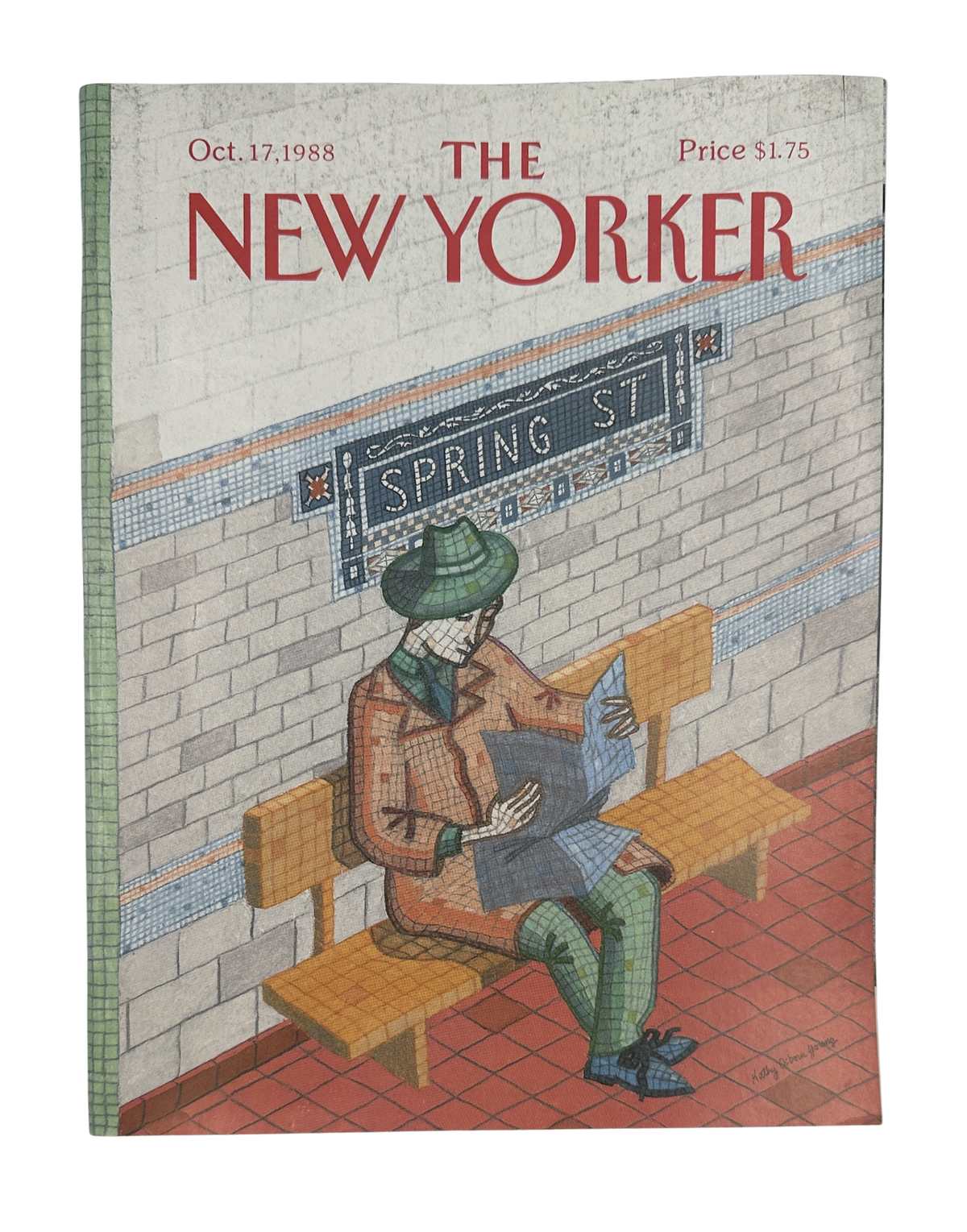 The New Yorker Magazine October 17, 1988 Spring St Subway Bench Kathy Osborn Young VG front cover featuring an illustrated woman reading on a subway bench at Spring St station.
