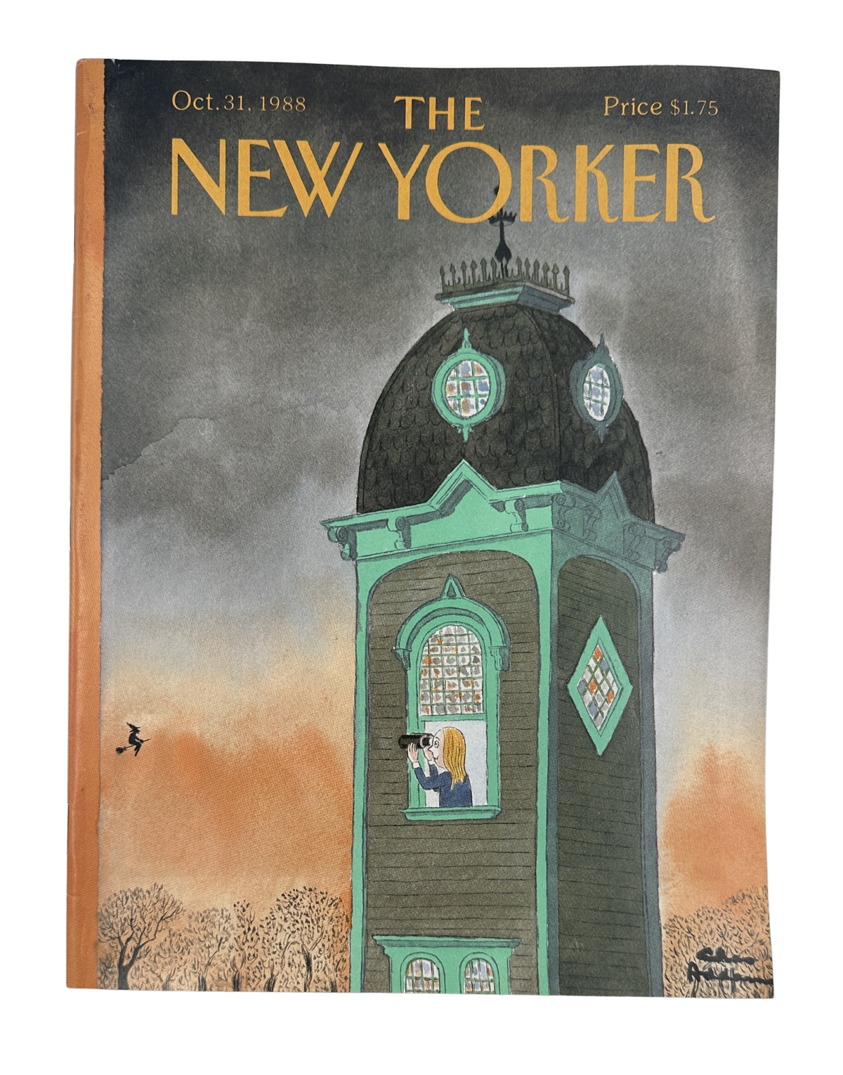 The New Yorker Magazine October 31, 1988 Tower Window Watcher Charles Addams VG cover featuring a vintage illustrated tower window watcher scene by Charles Addams