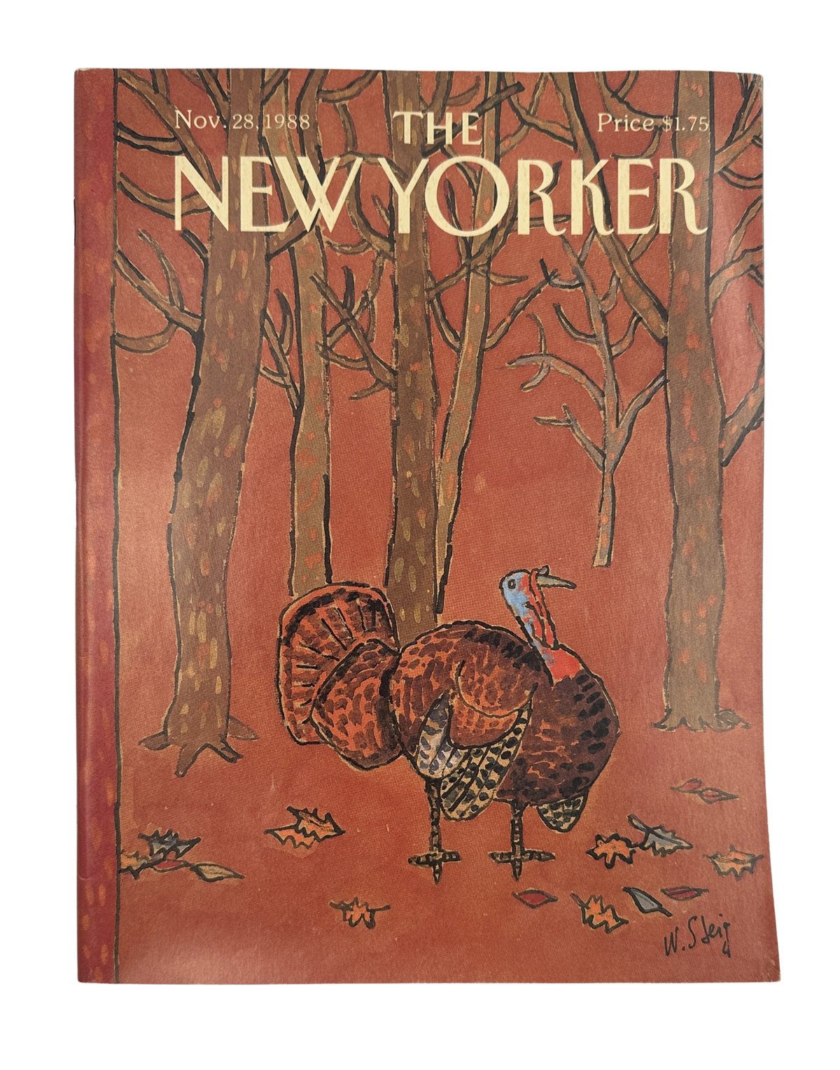 The New Yorker Magazine November 28, 1988 Autumn Turkey Forest William Steig Cover VG, featuring an illustrated turkey standing in an autumn forest.