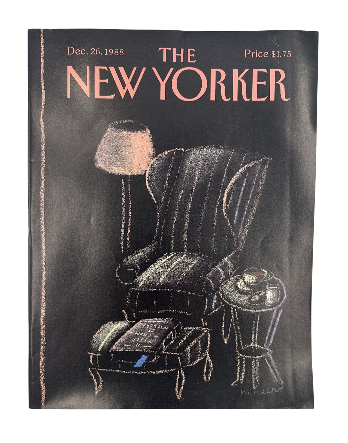 The New Yorker Magazine December 26, 1988 Dark Armchair Telephone Merle Nacht Cover VG, featuring a dark armchair, floor lamp, side table with telephone, and ottoman illustration.