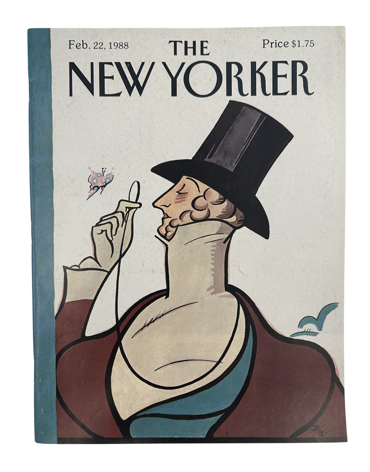 The New Yorker Magazine February 22, 1988 Top Hat Butterfly Portrait Rea Irvin Cover VG, featuring the illustrated front cover with a gentleman in a top hat holding a butterfly.
