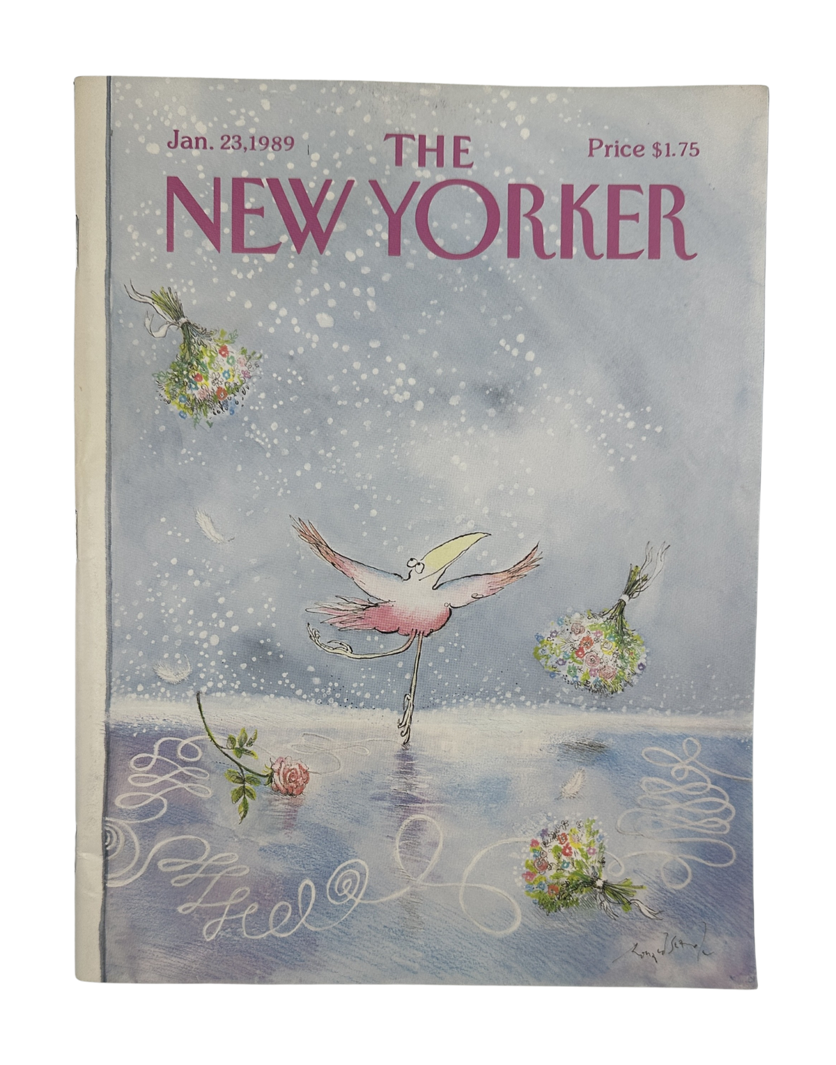 The New Yorker Magazine January 23, 1989 Ice Skating Bird Bouquet Ronald Searle Cover VG, featuring a whimsical ice-skating bird surrounded by floral bouquets on a snowy blue cover.