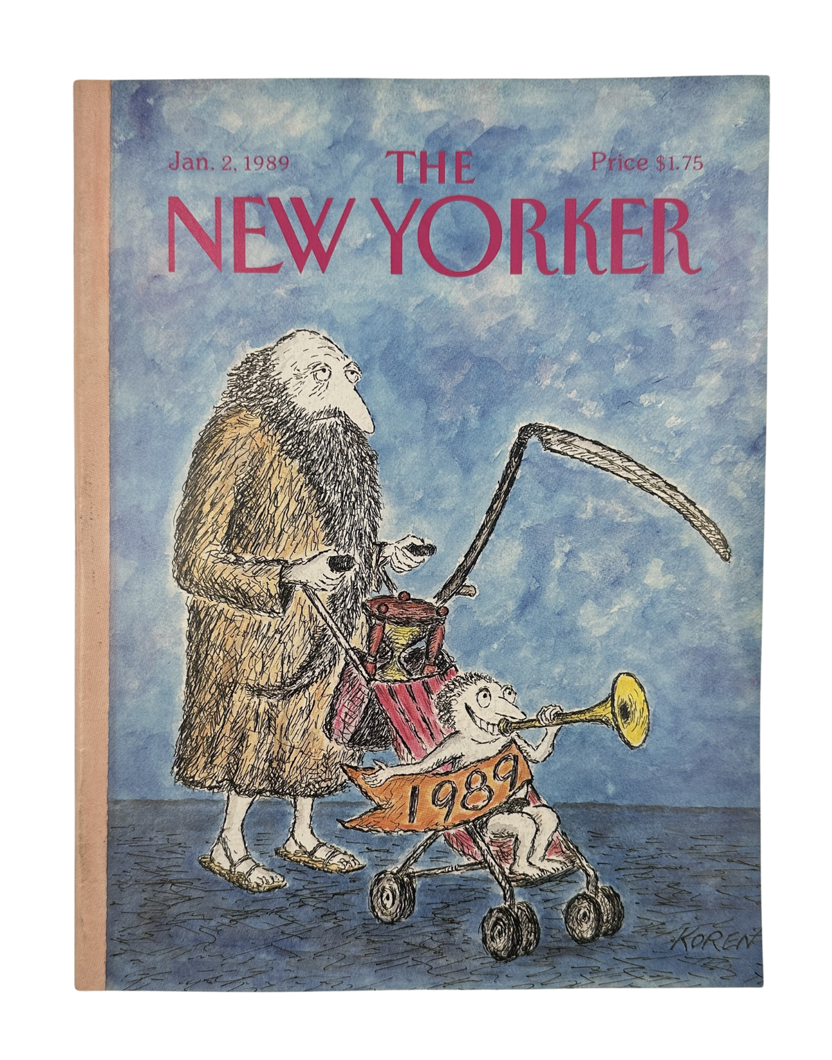 The New Yorker Magazine January 2, 1989 New Year Baby Stroller Edward Koren Cover VG, featuring a bear pushing a 1989 baby stroller on the illustrated front cover.
