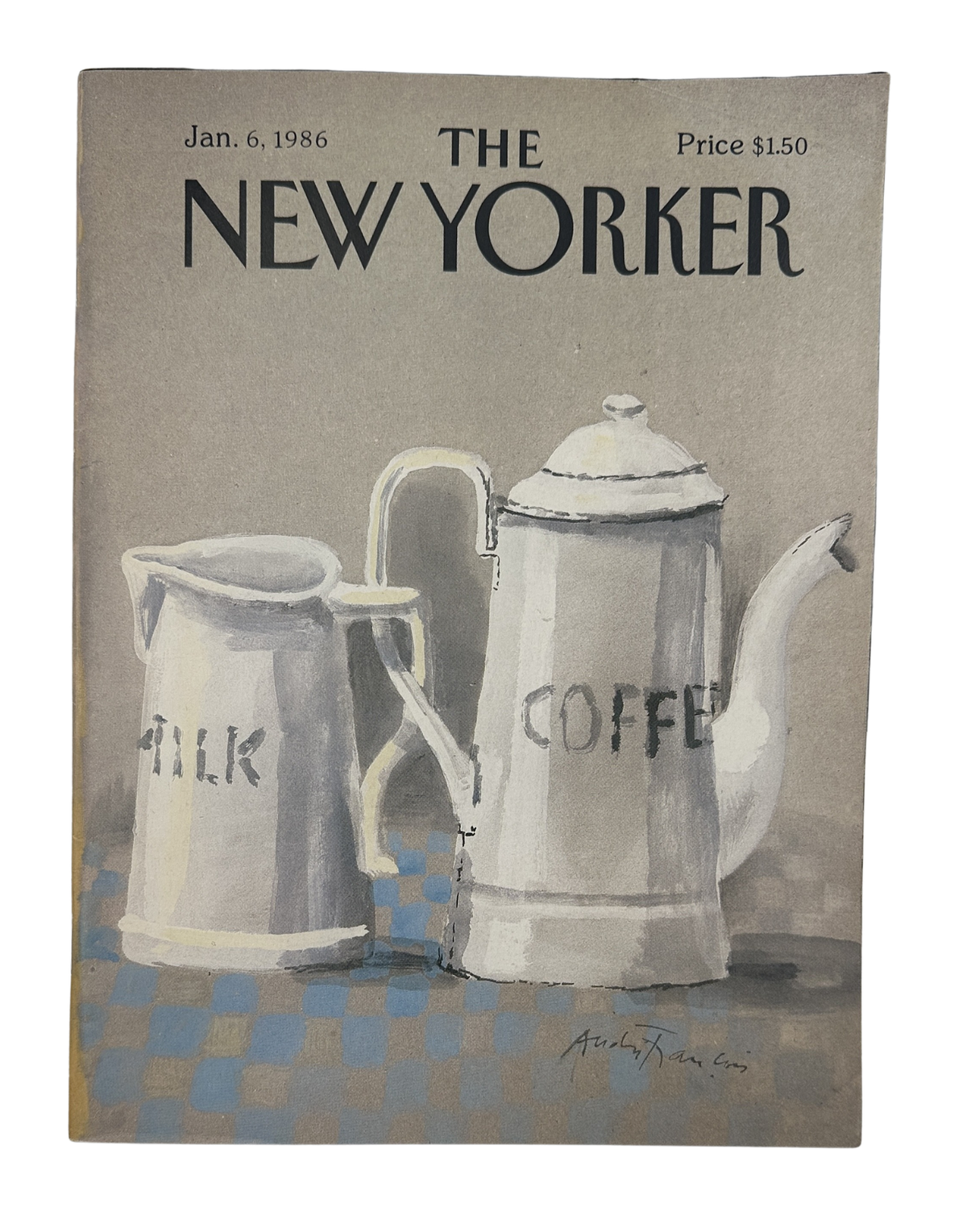 The New Yorker Magazine January 6, 1986 Coffee Pot Milk Pitcher André François Cover VG, featuring an illustrated coffee pot and milk pitcher on a blue checkered table.