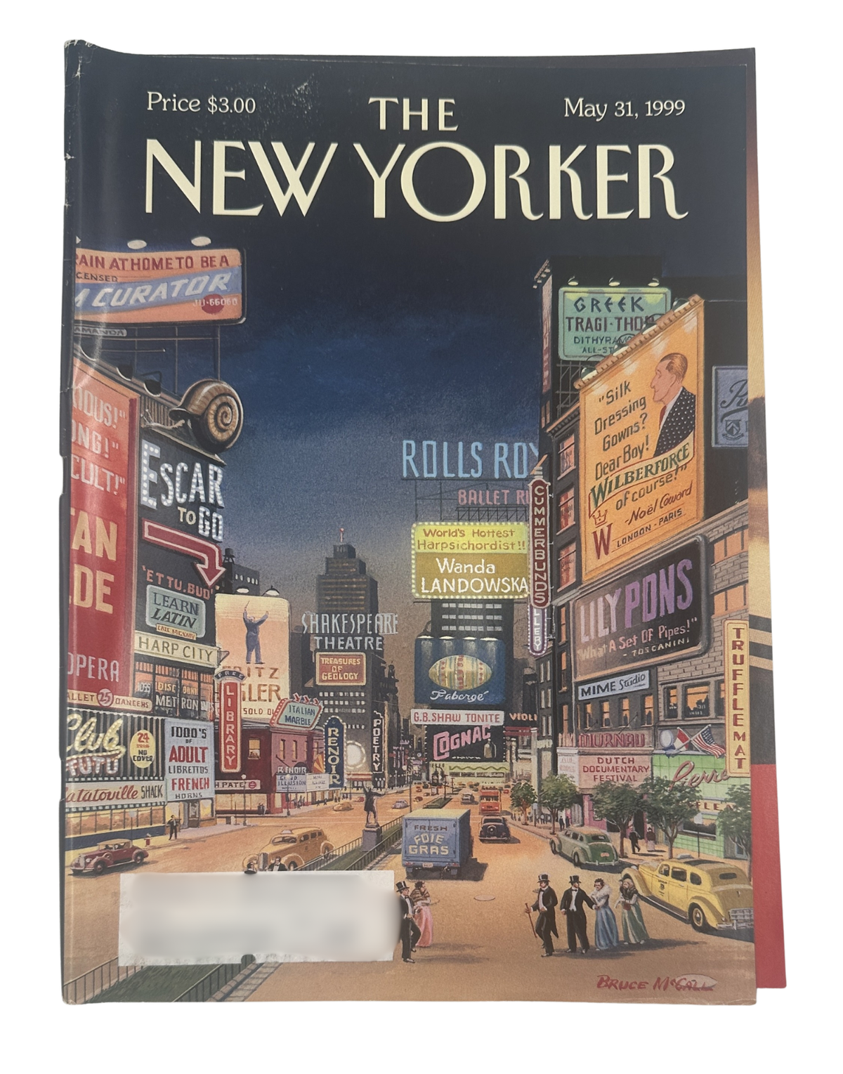 The New Yorker Magazine May 31, 1999 Lost Times Square Bruce McCall Cover, featuring an illustrated vintage Times Square scene with colorful theater signs, billboards, taxis, and pedestrians.
