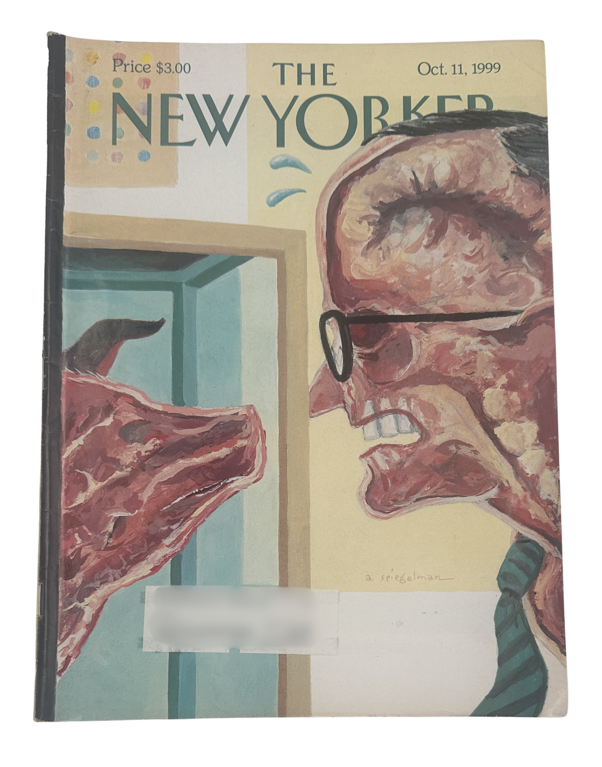 The New Yorker Magazine October 11, 1999 Open-Minded Mayor Art Spiegelman Cover, featuring an illustrated open-minded mayor examining a large cutaway head and brain.