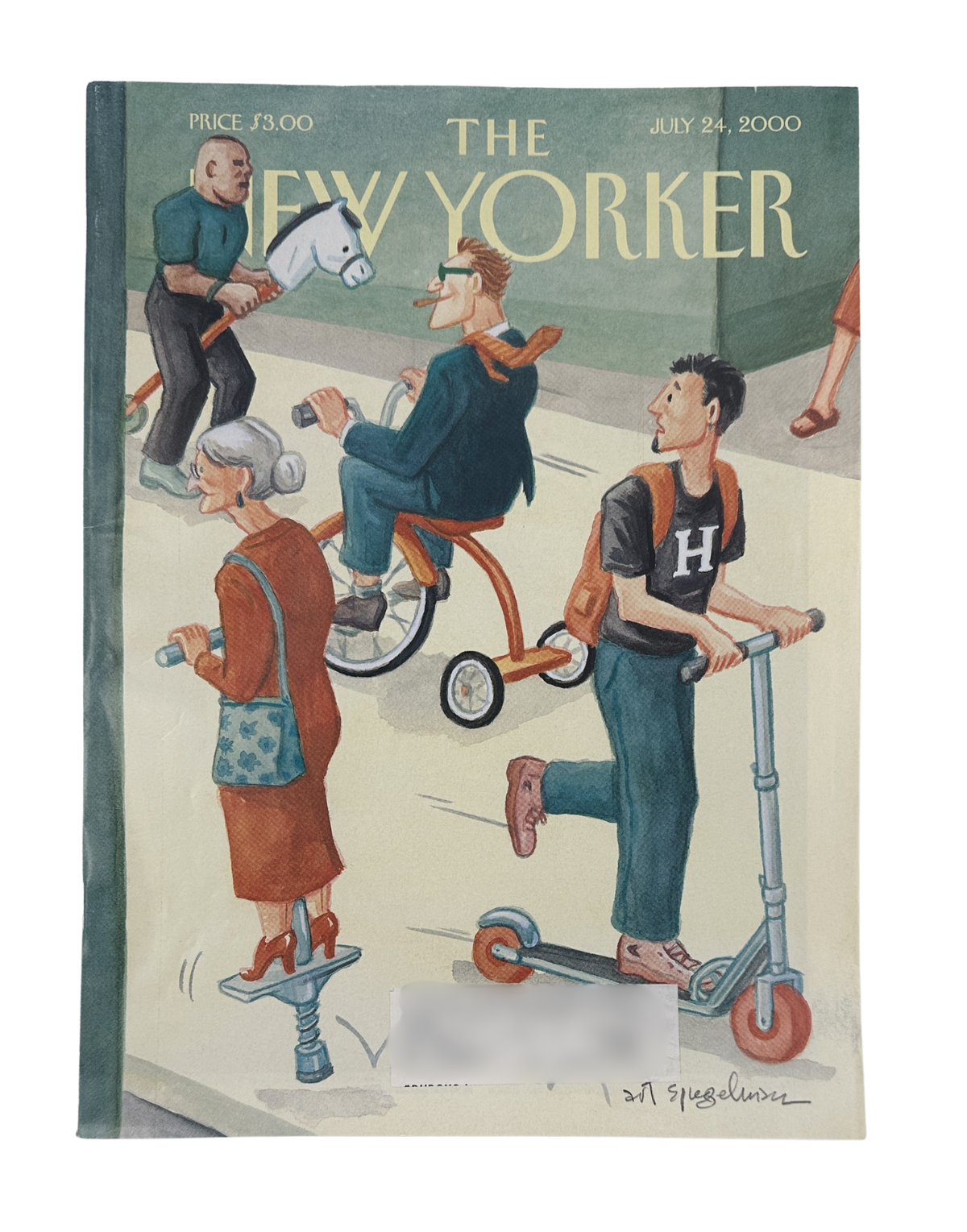 The New Yorker Magazine July 24, 2000 Reinventing the Wheel Art Spiegelman Cover VG, featuring illustrated people riding unconventional wheeled devices on a vintage magazine cover.