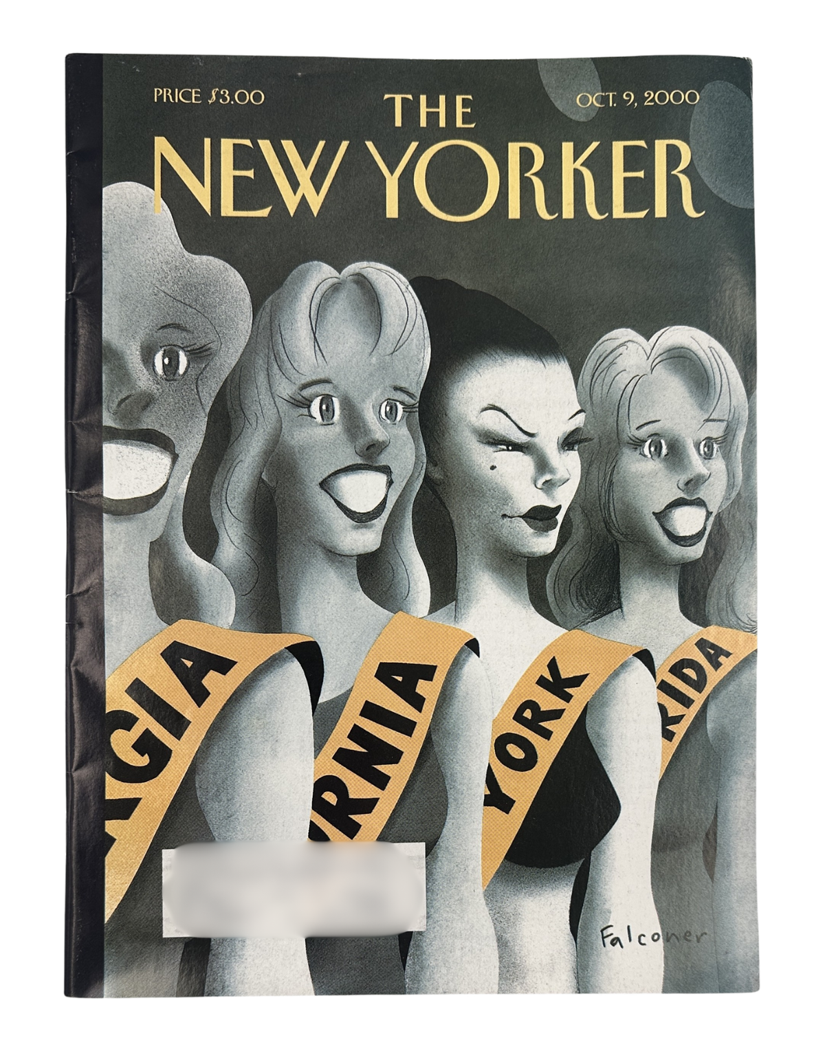 The New Yorker Magazine October 9, 2000 Miss America Pageant Ian Falconer Cover VG, featuring Ian Falconer’s illustrated cover titled “The Competition” with four beauty pageant contestants wearing state sashes.