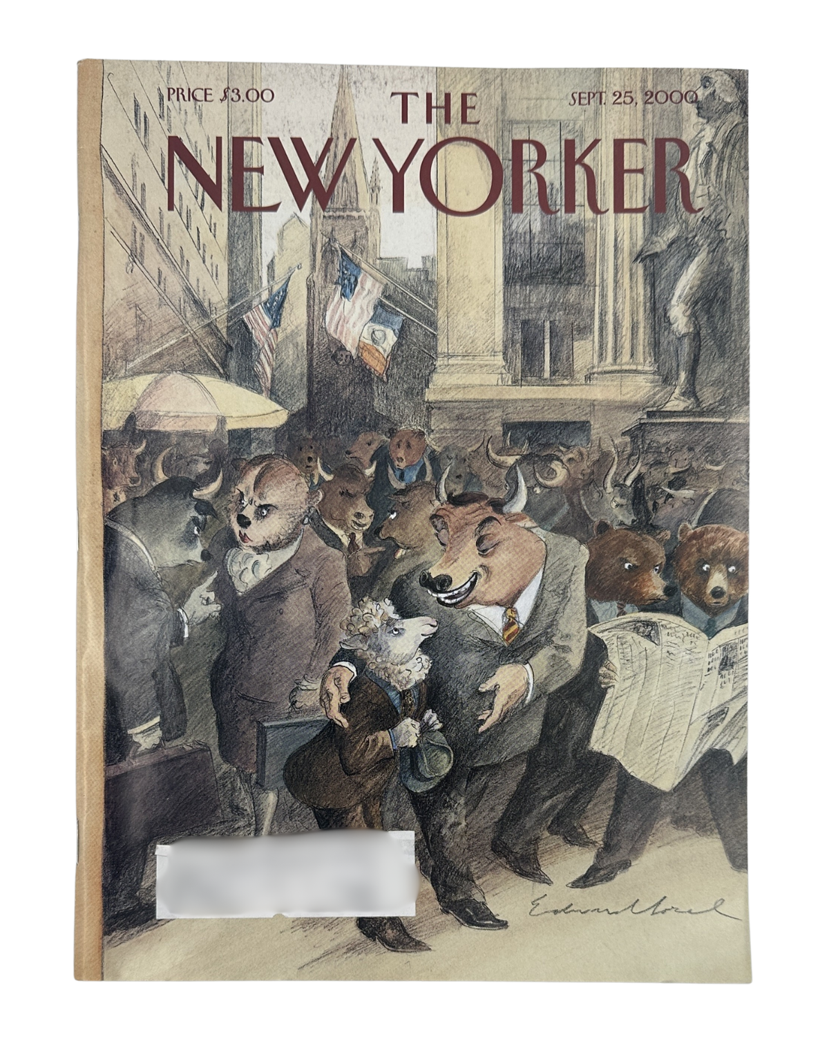 The New Yorker Magazine September 25, 2000 The Silence of the Lamb Edward Sorel Cover VG, front cover featuring a satirical illustration of lambs in suits gathered outside a grand building.