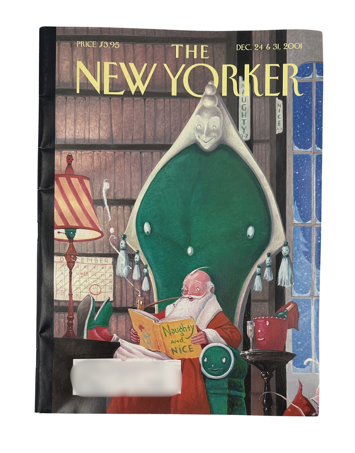 The New Yorker Magazine December 24 & 31, 2001 Santa Naughty and Nice William Joyce Cover VG, featuring a festive illustrated Santa reading a Naughty and Nice book on the holiday cover.