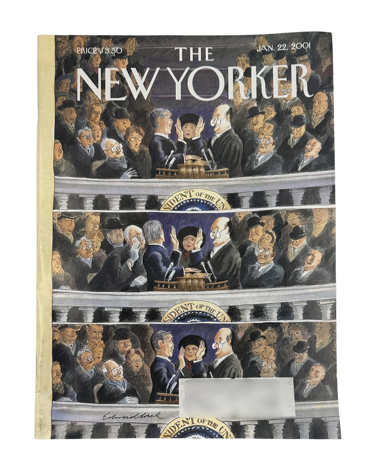 The New Yorker Magazine January 22, 2001 Bush Inauguration Slip of State Edward Sorel Cover VG, front cover featuring a political cartoon of the presidential inauguration and repeated U.S. Senate imagery.