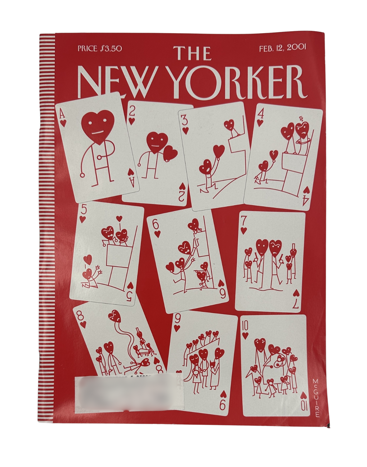 The New Yorker Magazine February 12, 2001 Heart Playing Cards Richard McGuire Cover, front cover featuring illustrated heart-themed playing cards in red and white.