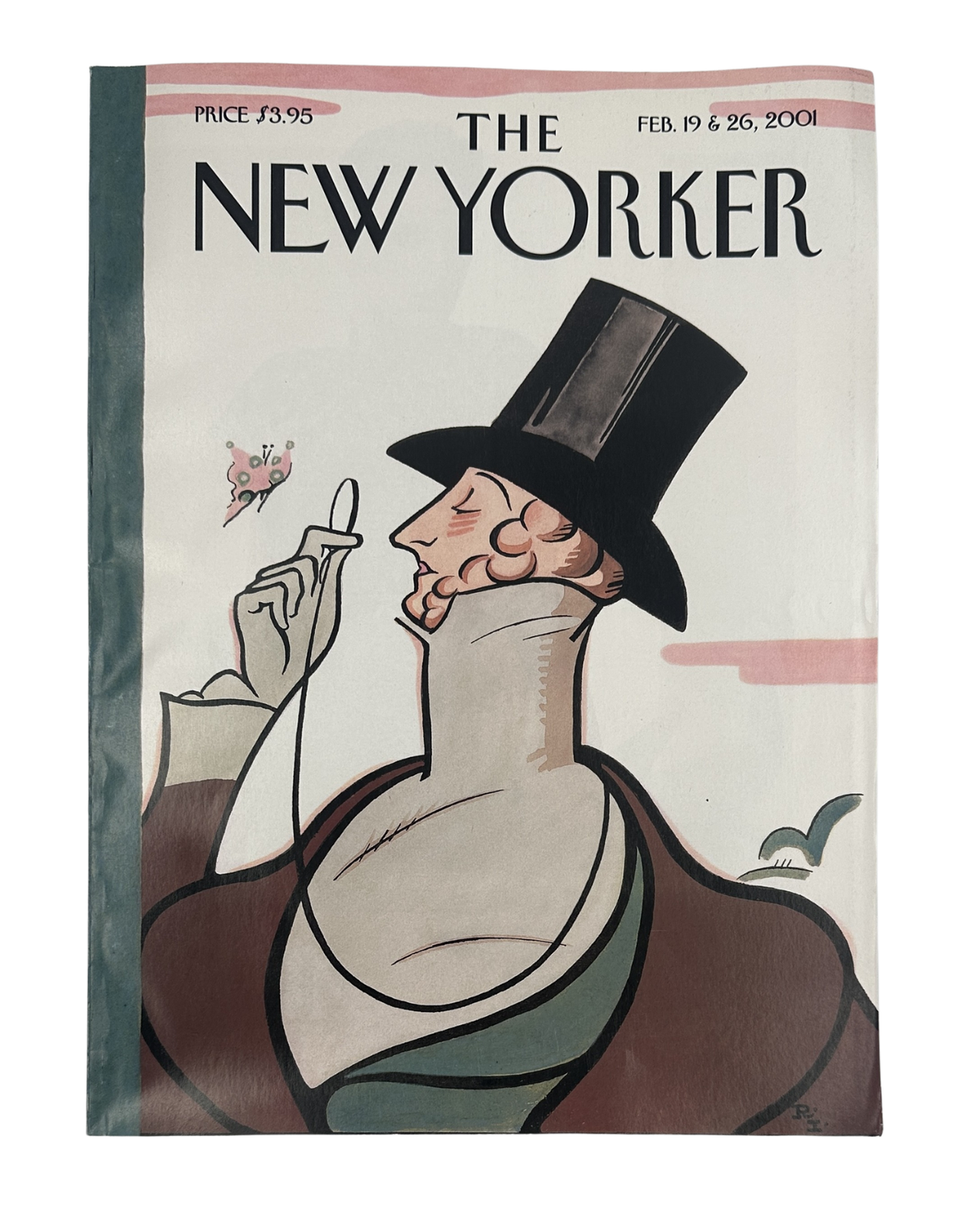 The New Yorker Magazine February 19 & 26, 2001 Top Hat Butterfly Rea Irvin Cover featuring a stylish illustrated man in a top hat holding a butterfly
