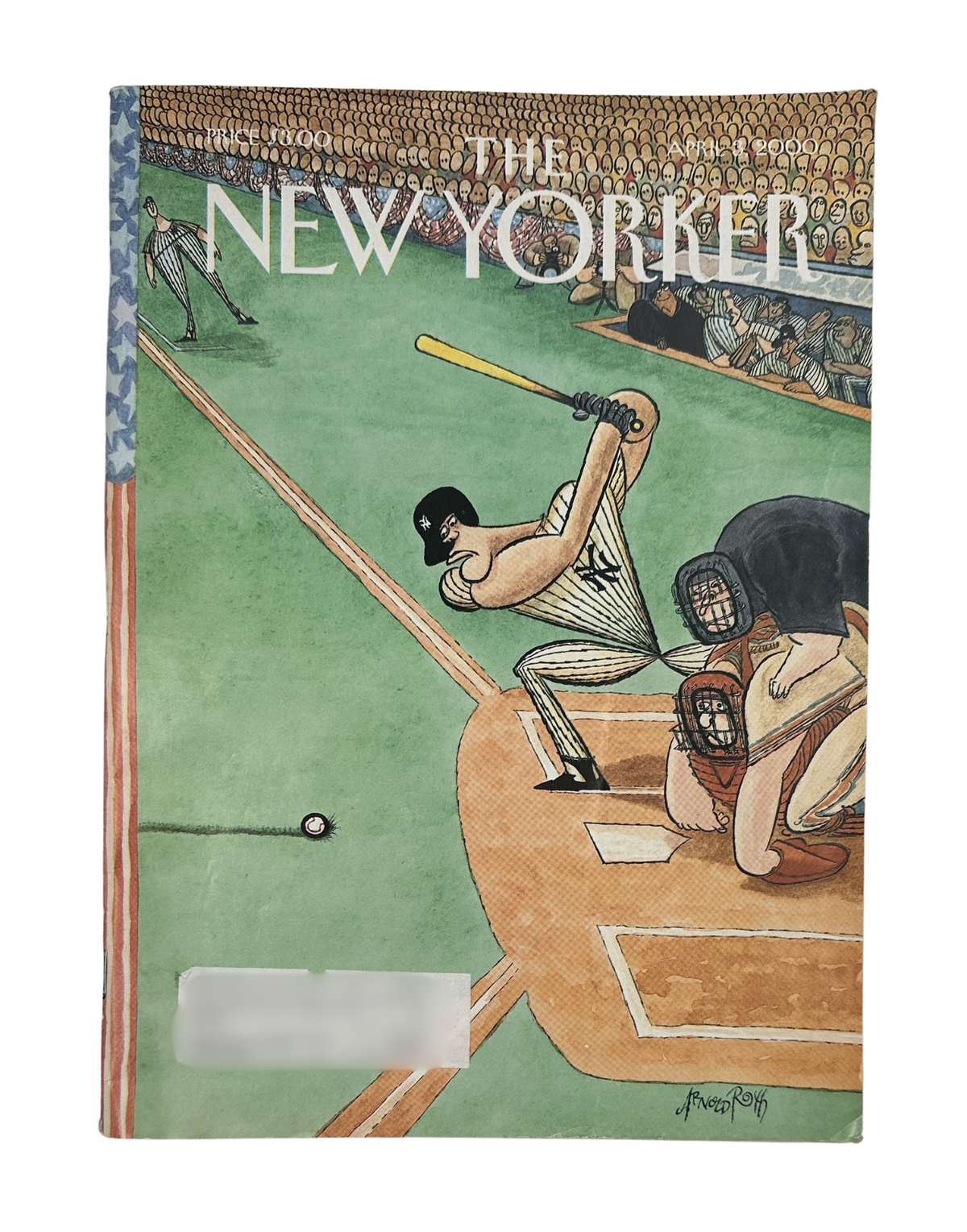 The New Yorker Magazine April 3, 2000 Baseball First Pitch Arnold Roth Cover, featuring an illustrated baseball batter at home plate with a catcher and umpire.