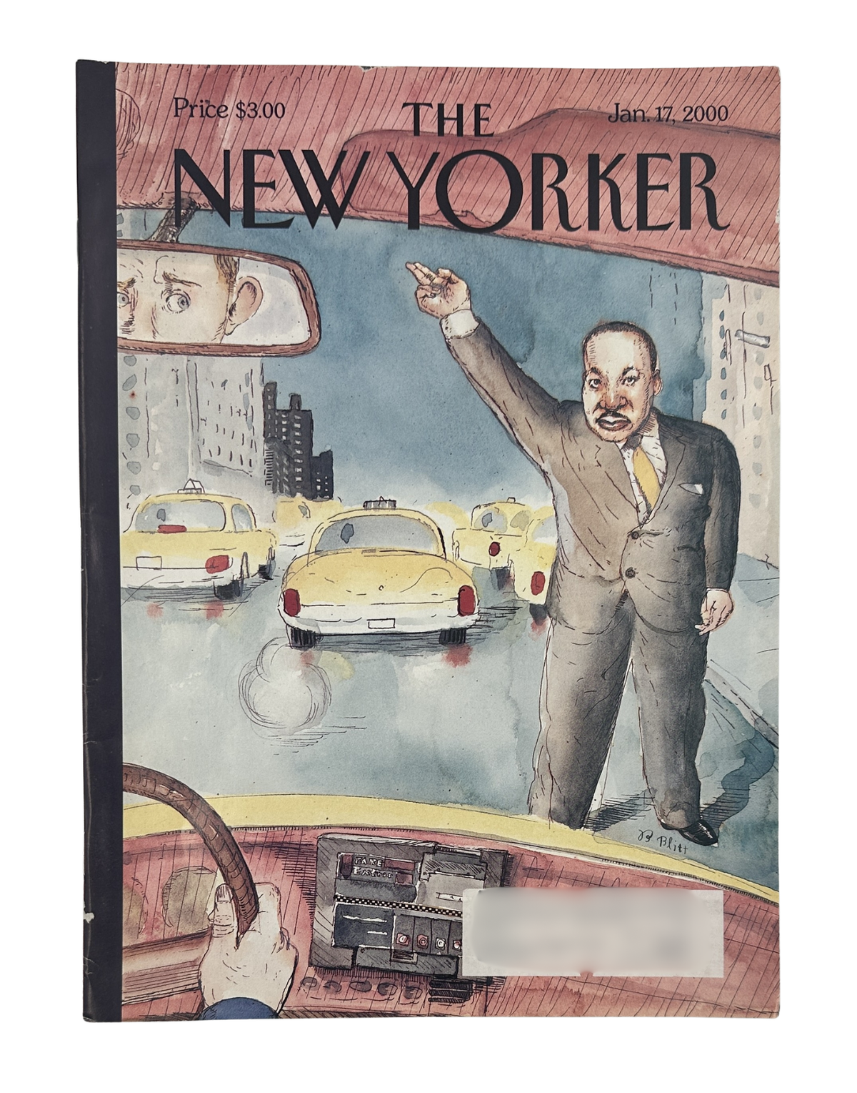 The New Yorker Magazine January 17, 2000 Hailing Dr. King Barry Blitt Cover featuring an illustrated Dr. Martin Luther King Jr. standing in a city street beside vintage cars.