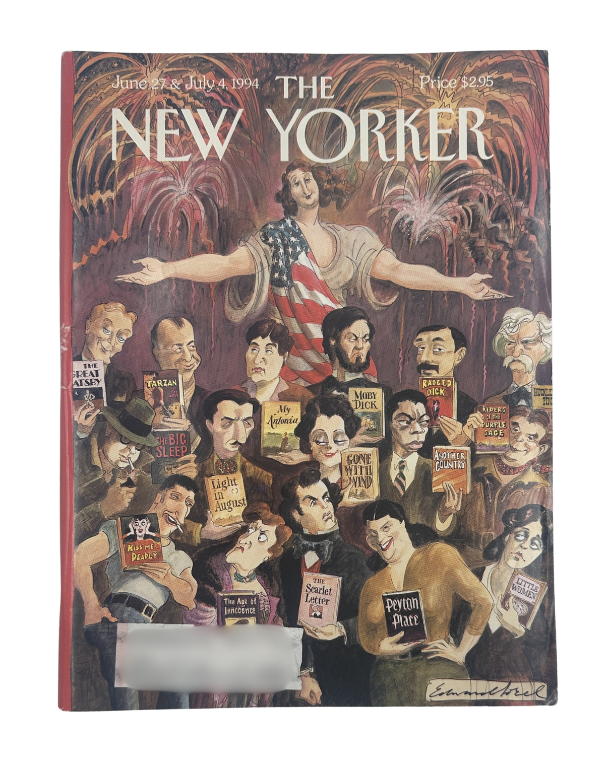 The New Yorker Magazine June 27 & July 4, 1994 Literary Classics Fireworks Edward Sorel Cover VG, featuring a colorful satirical illustration of literary figures gathered beneath fireworks and a patriotic central character.