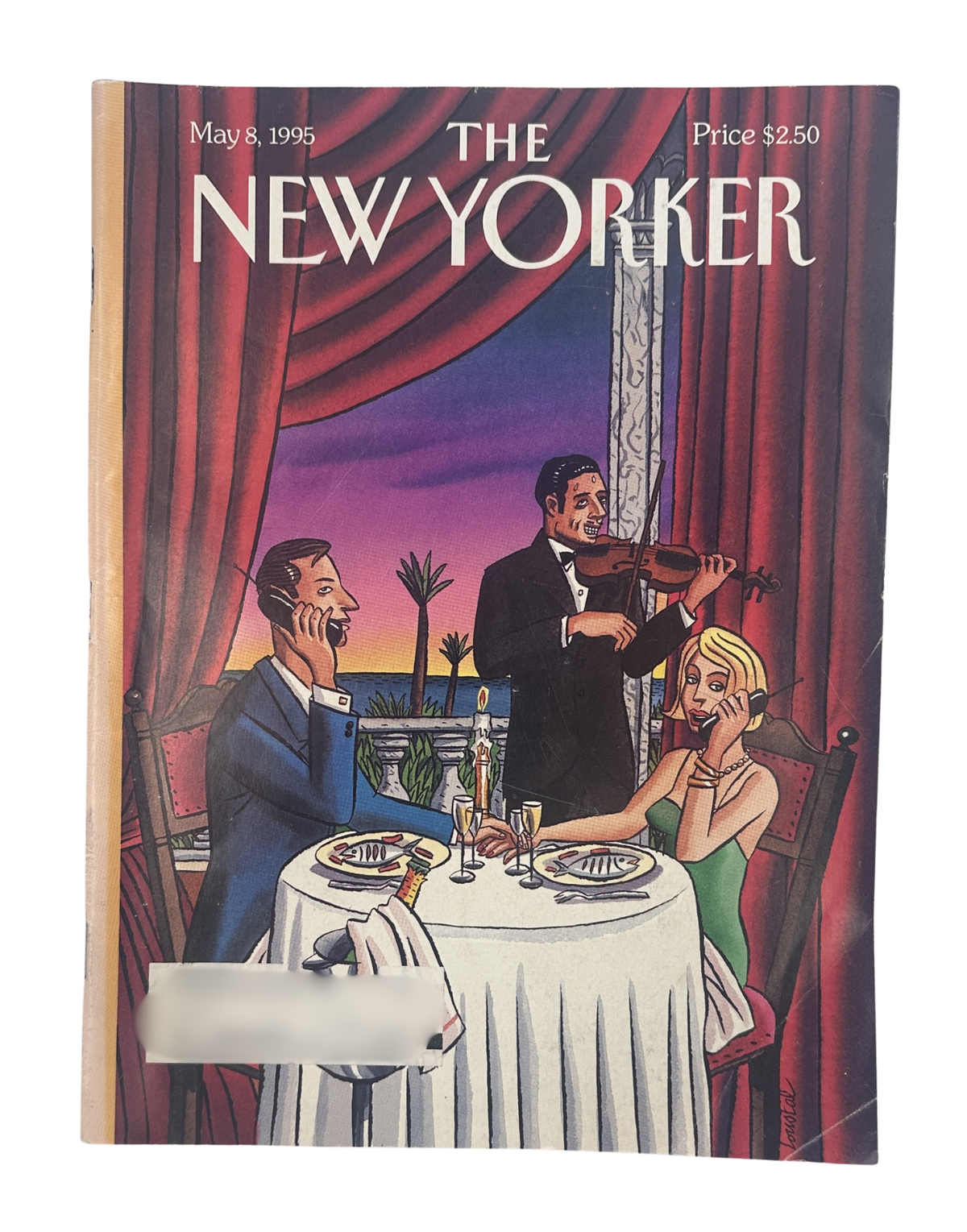 The New Yorker Magazine May 8, 1995 Restaurant Dinner Jacques de Loustal Cover VG, featuring an illustrated restaurant dinner scene with a violinist entertaining two diners.