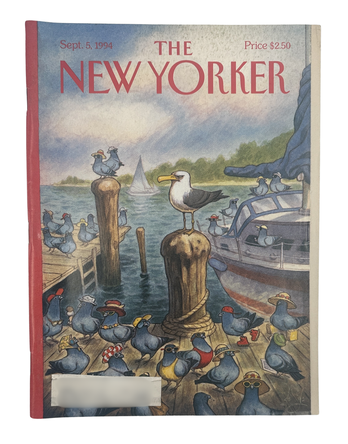The New Yorker Magazine September 5, 1994 Seagulls Marina Dock Peter de Sève Cover VG, featuring illustrated seagulls gathered around a marina dock with sailboats and waterfront scenery.