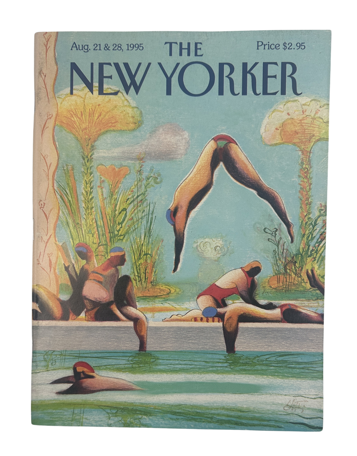 The New Yorker Magazine August 21 & 28, 1995 Divers Swimming Pool Lorenzo Mattotti Cover VG, featuring illustrated divers and swimmers in a pool with water lilies and ducks