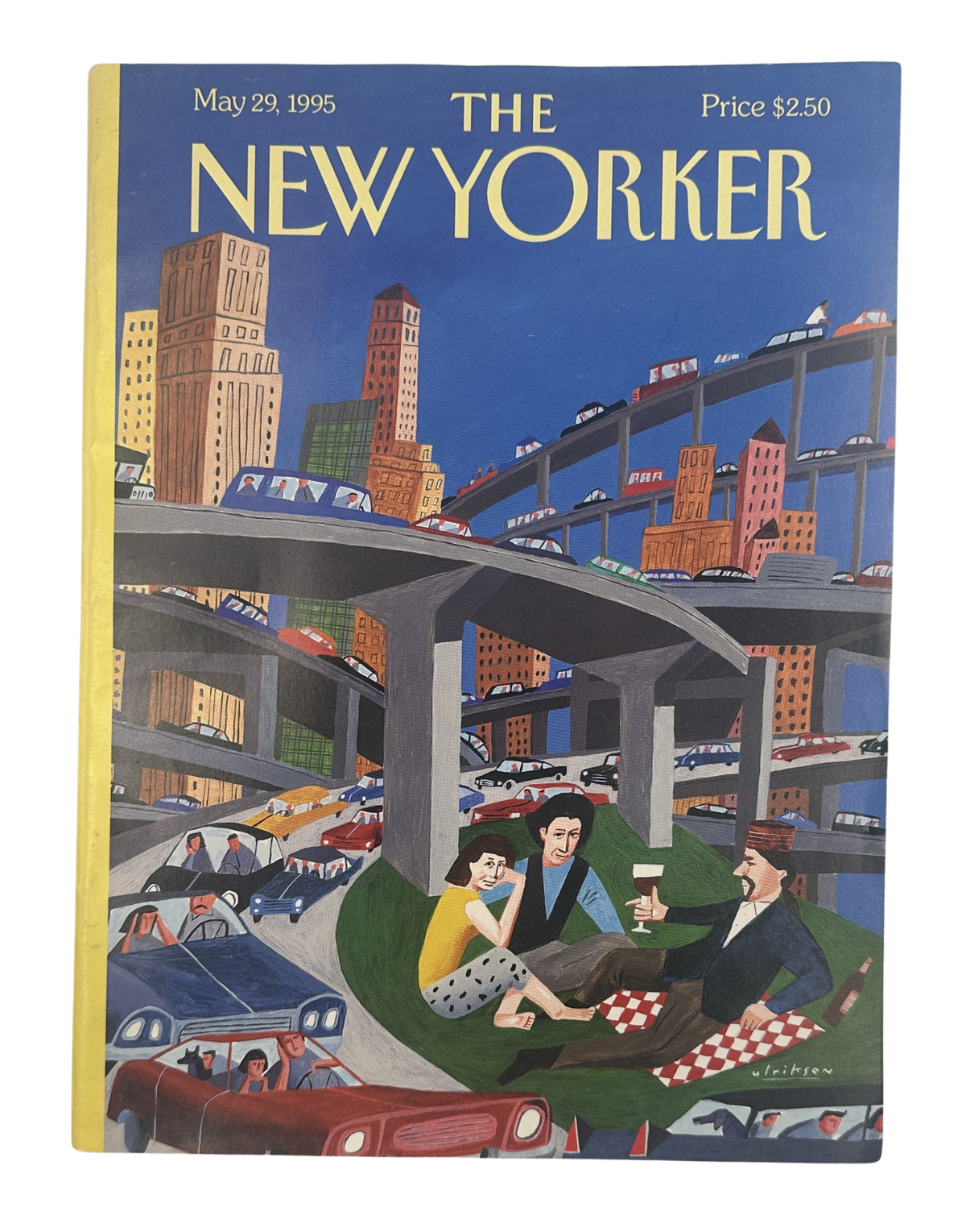 The New Yorker Magazine May 29, 1995 Traffic Jam Picnic Overpass Mark Ulriksen Cover VG, featuring a picnic beneath elevated highways surrounded by city traffic and skyscrapers.