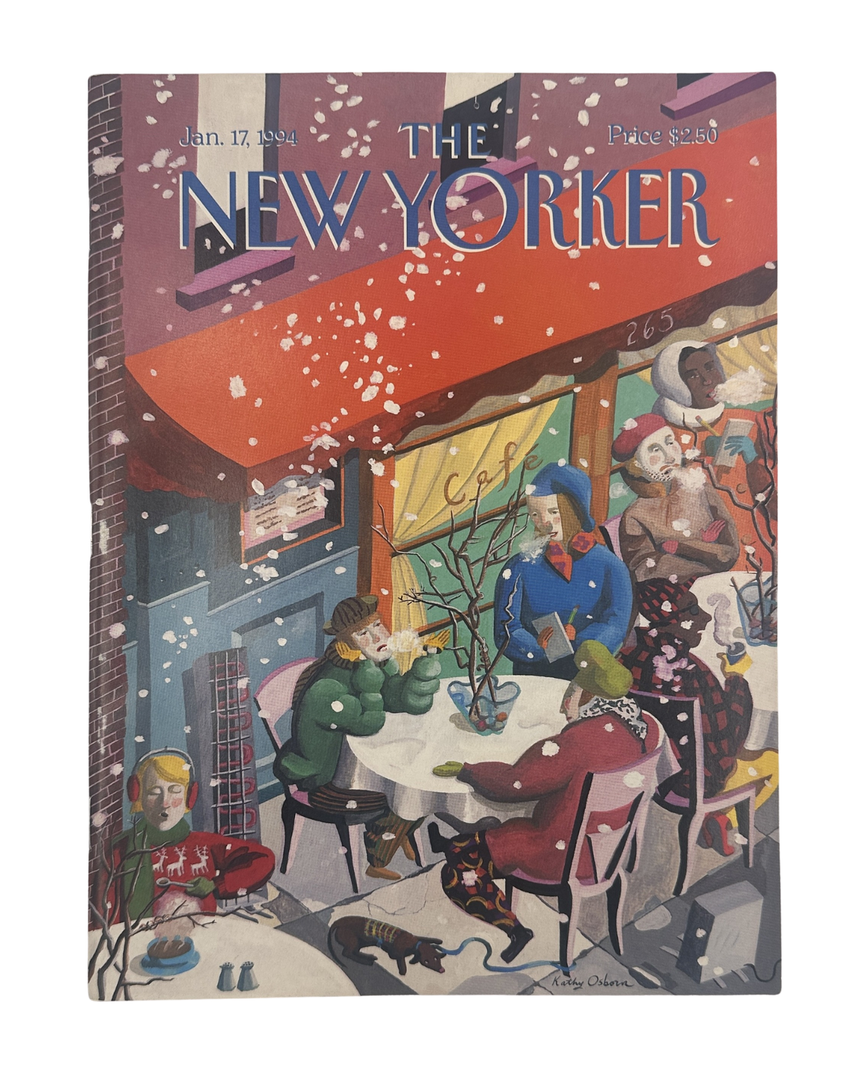 The New Yorker Magazine January 17, 1994 Snowy Sidewalk Cafe Kathy Osborn Cover VG, featuring a snowy sidewalk cafe scene with diners, umbrellas, and dogs.