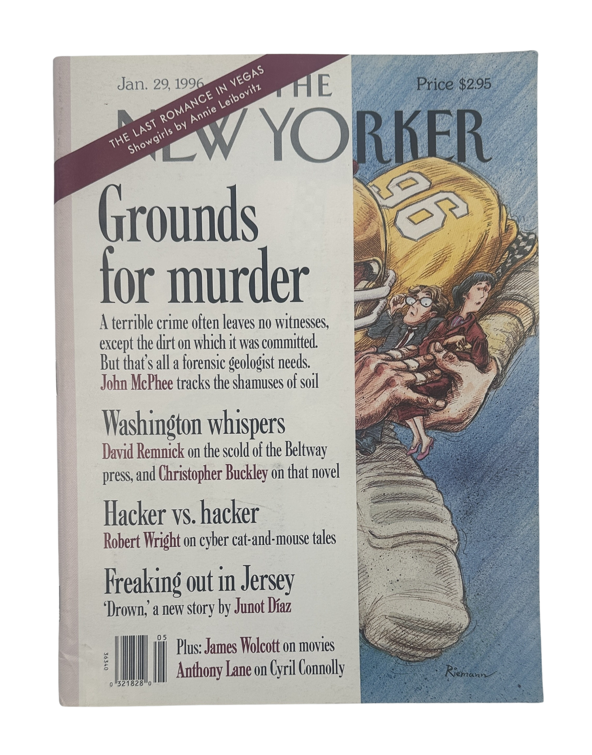 The New Yorker Magazine January 29, 1996 Taxi Football Player George Riemann Cover VG, featuring a taxi-themed football player illustration and magazine cover headlines.