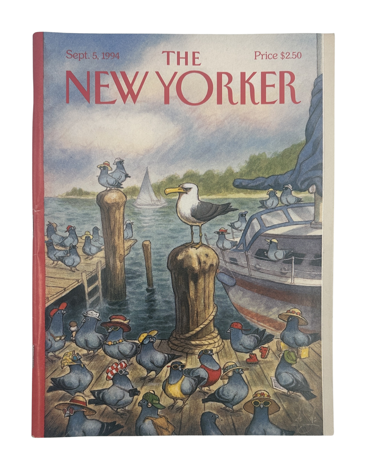 The New Yorker Magazine September 5, 1994 Seagulls Marina Harbor Peter de Seve Cover VG, featuring an illustrated harbor scene with seagulls perched on dock posts and gathered around a boat.