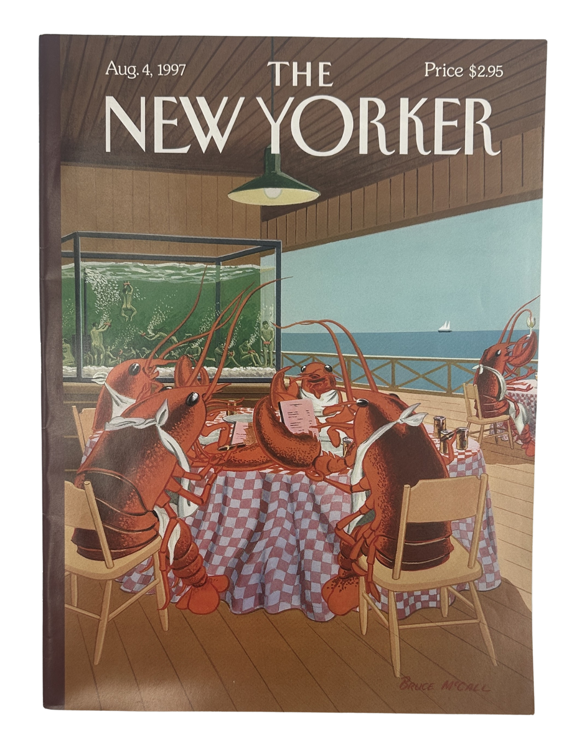 The New Yorker Magazine August 4, 1997 Lobsters Restaurant Dinner Bruce McCall Cover VG, featuring illustrated lobsters dining at a waterfront restaurant.