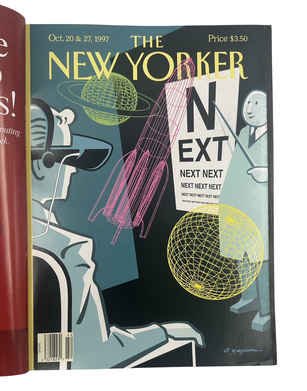 The New Yorker Magazine October 20 & 27, 1997 Futuristic Rocket Eye Chart Cover VG, featuring a colorful futuristic illustration with a rocket, human figures, geometric globes, and bold NEXT lettering.