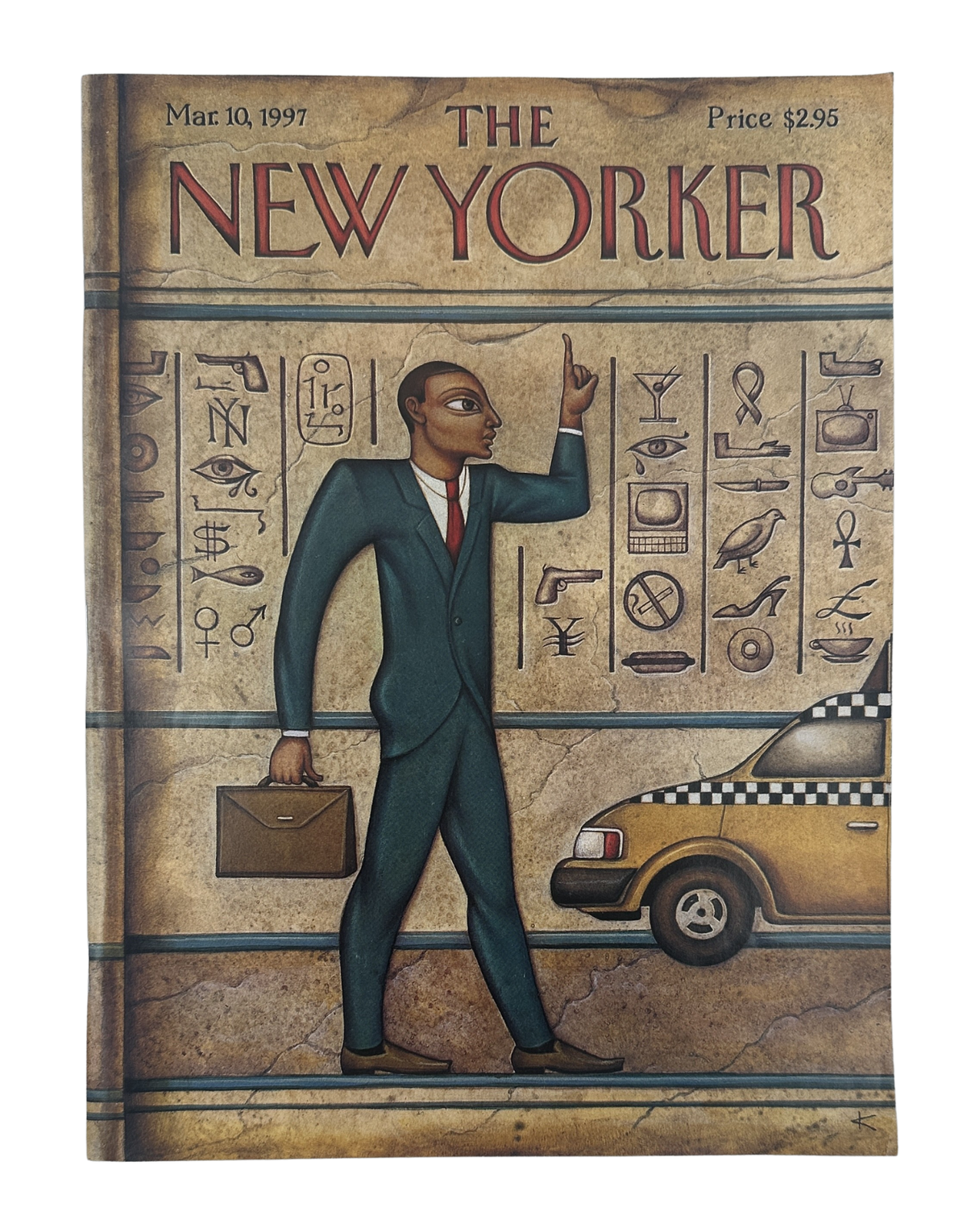 The New Yorker Magazine March 10, 1997 Egyptian Hieroglyph Taxi Anita Kunz Cover VG, front cover featuring an Egyptian-themed illustration of a businessman walking beside a yellow taxi.