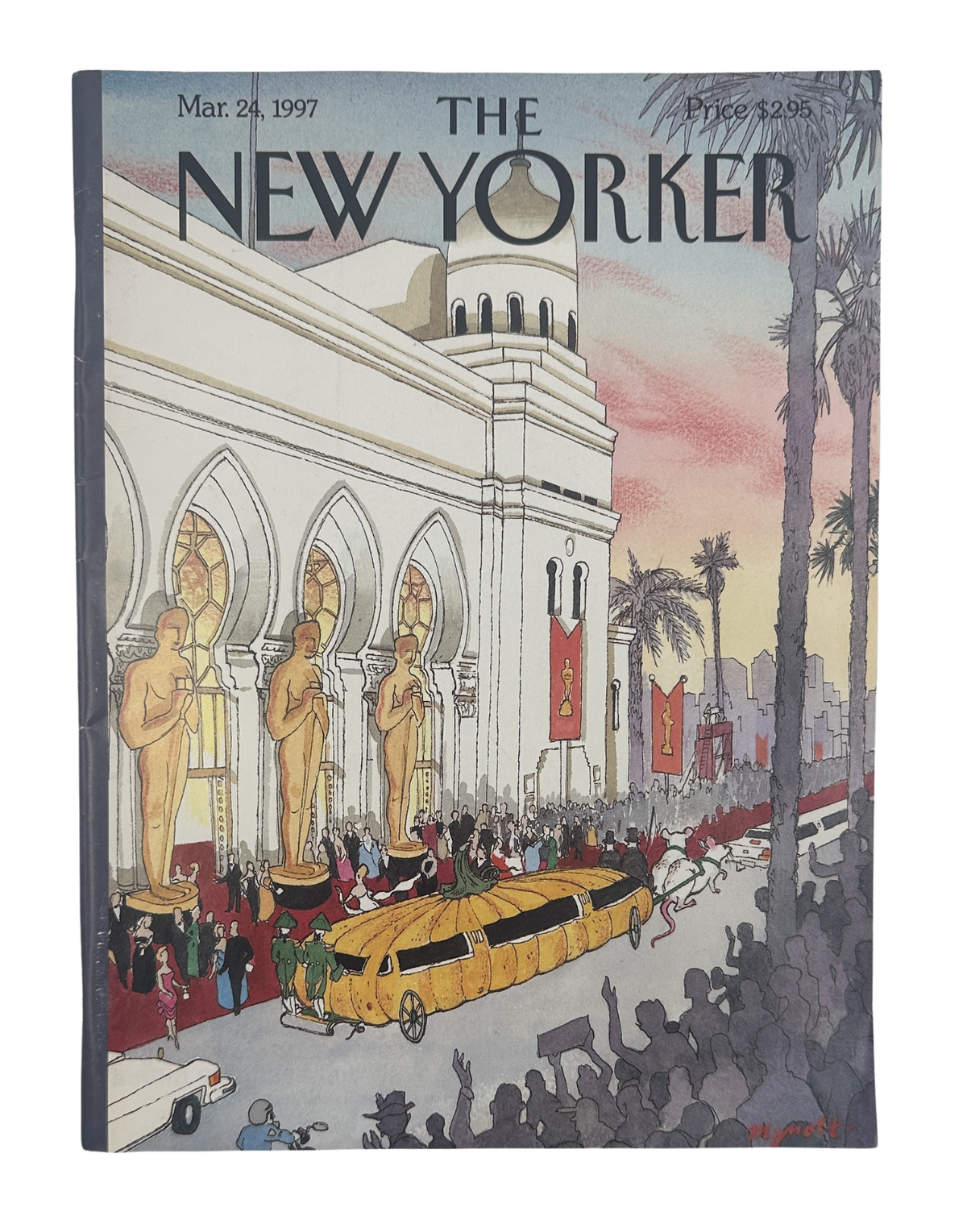The New Yorker Magazine March 24, 1997 Oscars Red Carpet Limo Laurence Mynott Cover VG, illustrated cover showing a yellow limousine arriving at an Oscars red carpet outside a grand building