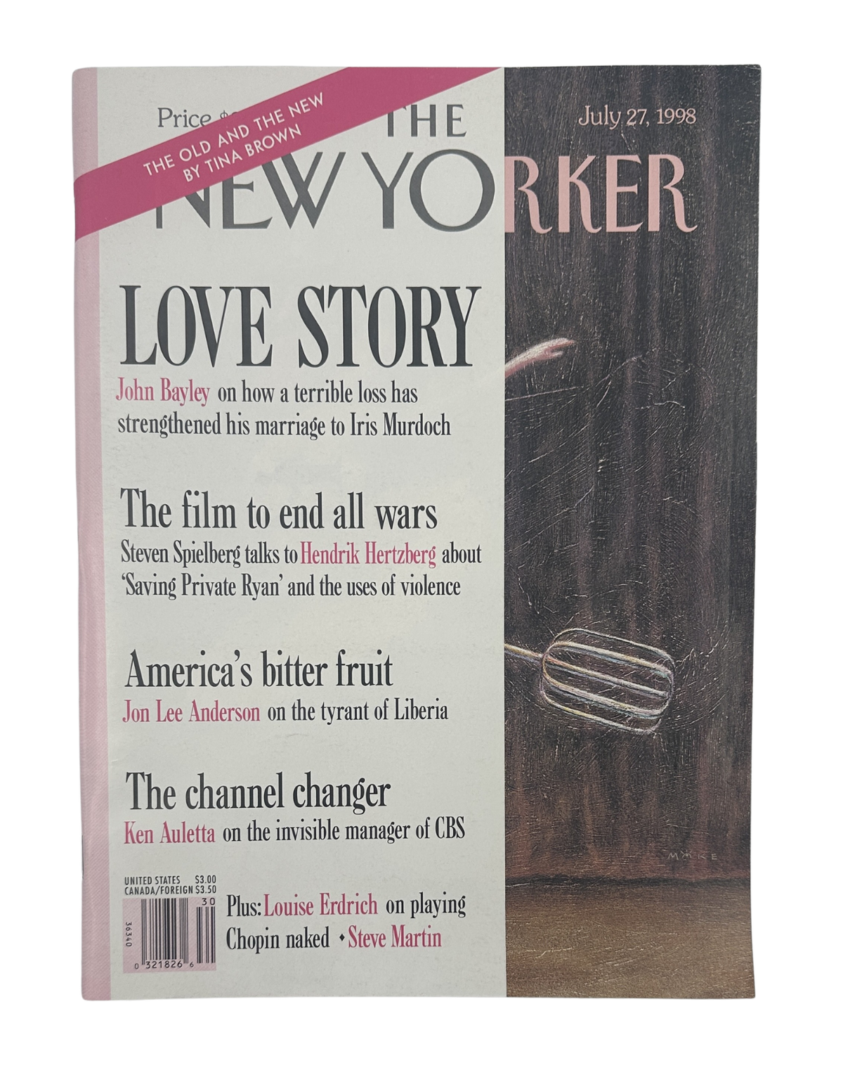 The New Yorker Magazine July 27, 1998 Ballerina Whisk Kitchen Mike Hodges Cover VG, front cover featuring Love Story, Steven Spielberg, Liberia, CBS, Louise Erdrich, and Steve Martin headlines.