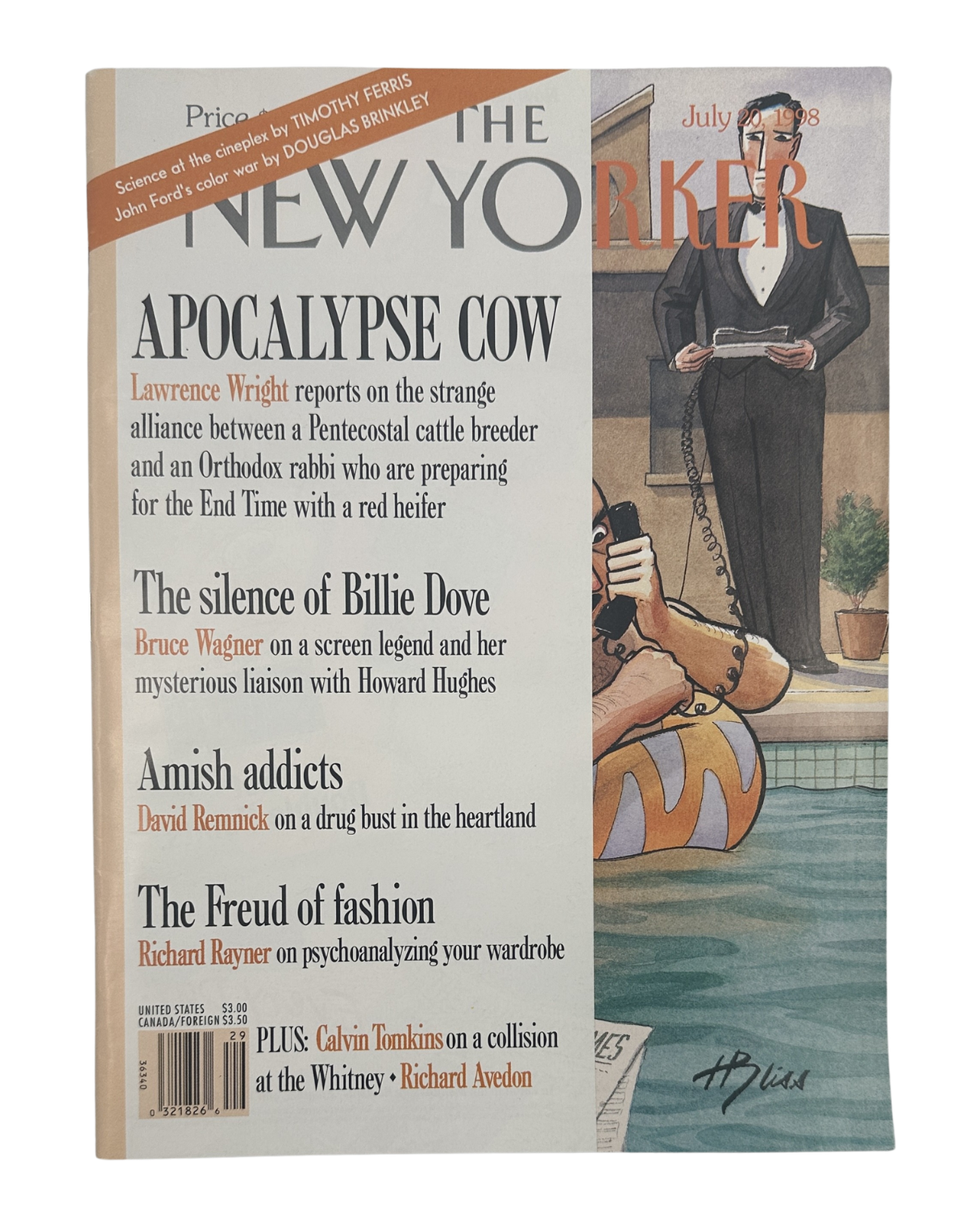 The New Yorker Magazine July 20, 1998 Pool Phone Merger Harry Bliss Cover VG, front cover featuring a man in a pool with a phone and headlines about an apocalypse cow, Billie Dove, Amish addicts, and fashion.