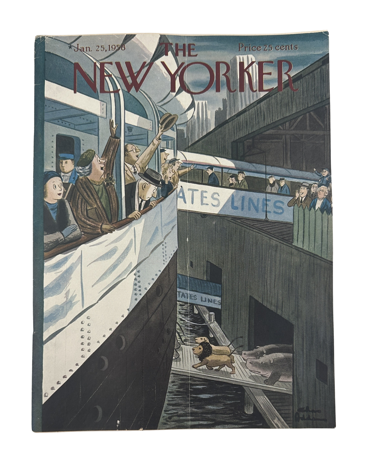 The New Yorker Magazine January 25, 1958 Ocean Liner Pier Charles Addams Cover featuring passengers waving from an ocean liner at a pier, illustrated by Charles Addams