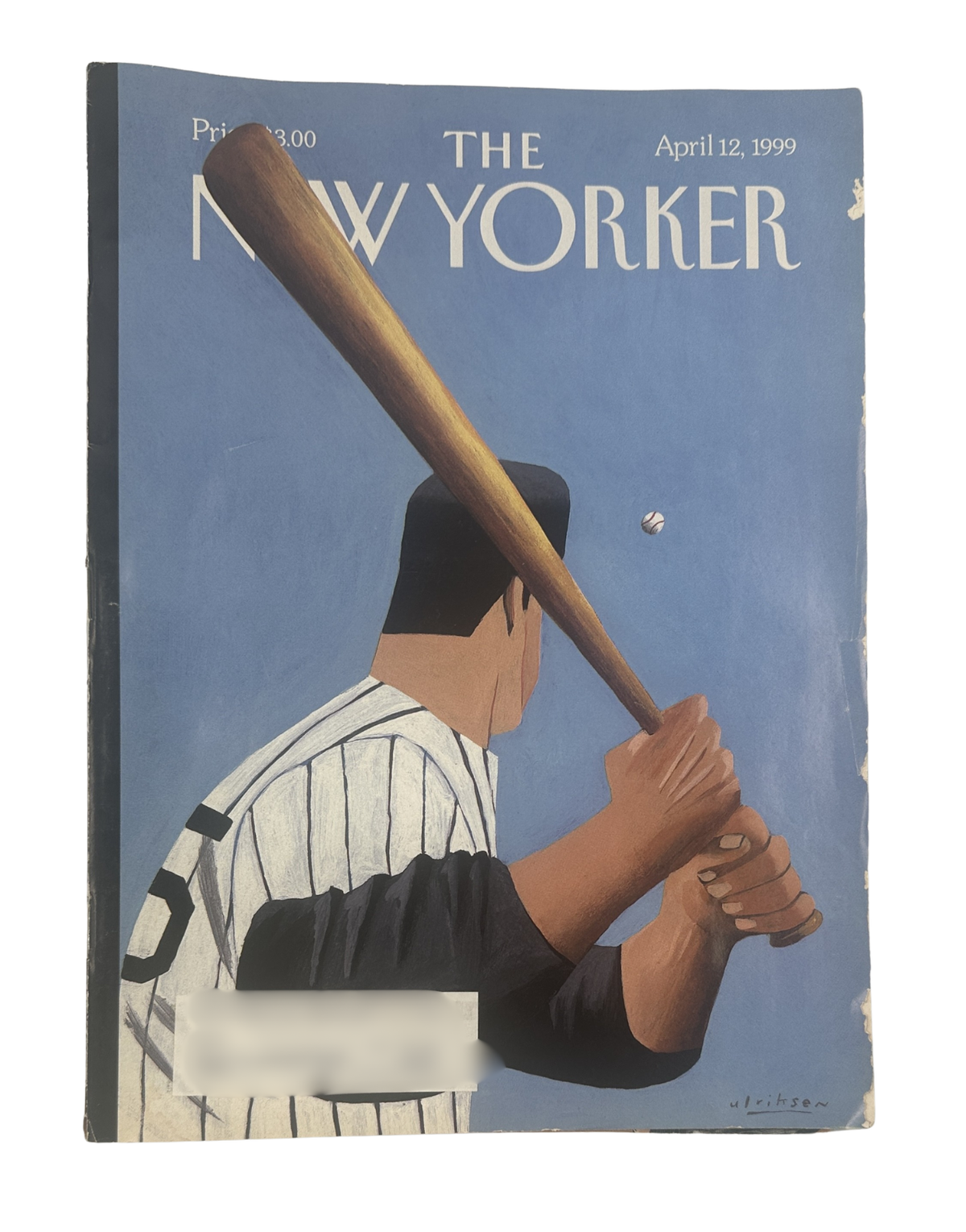 The New Yorker Magazine April 12, 1999 Baseball Opening Day Mark Ulriksen Cover featuring an illustrated baseball player holding a bat on a blue background.